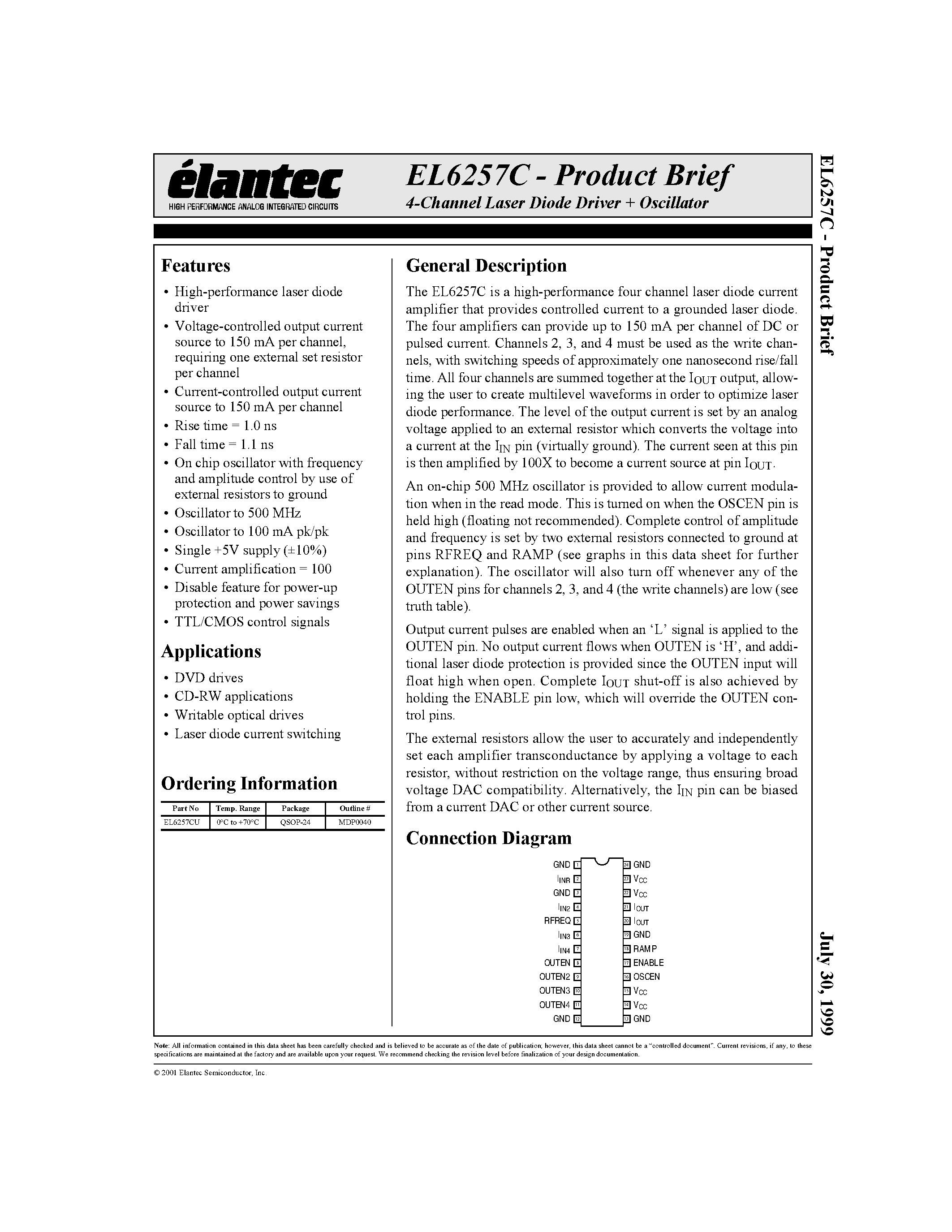 Даташит EL6257CU - 4-Channel Laser Diode Driver + Oscillator страница 1