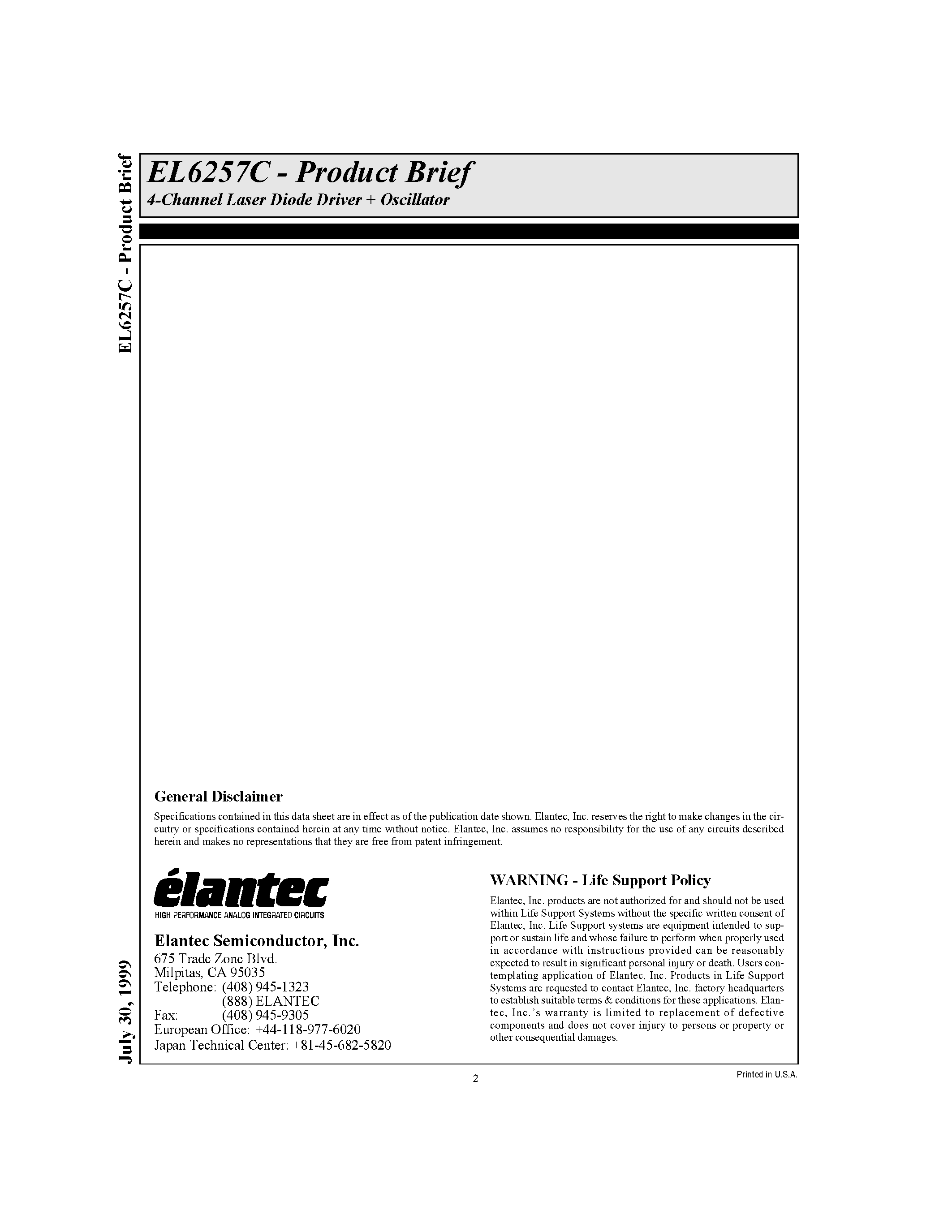 Даташит EL6257CU - 4-Channel Laser Diode Driver + Oscillator страница 2