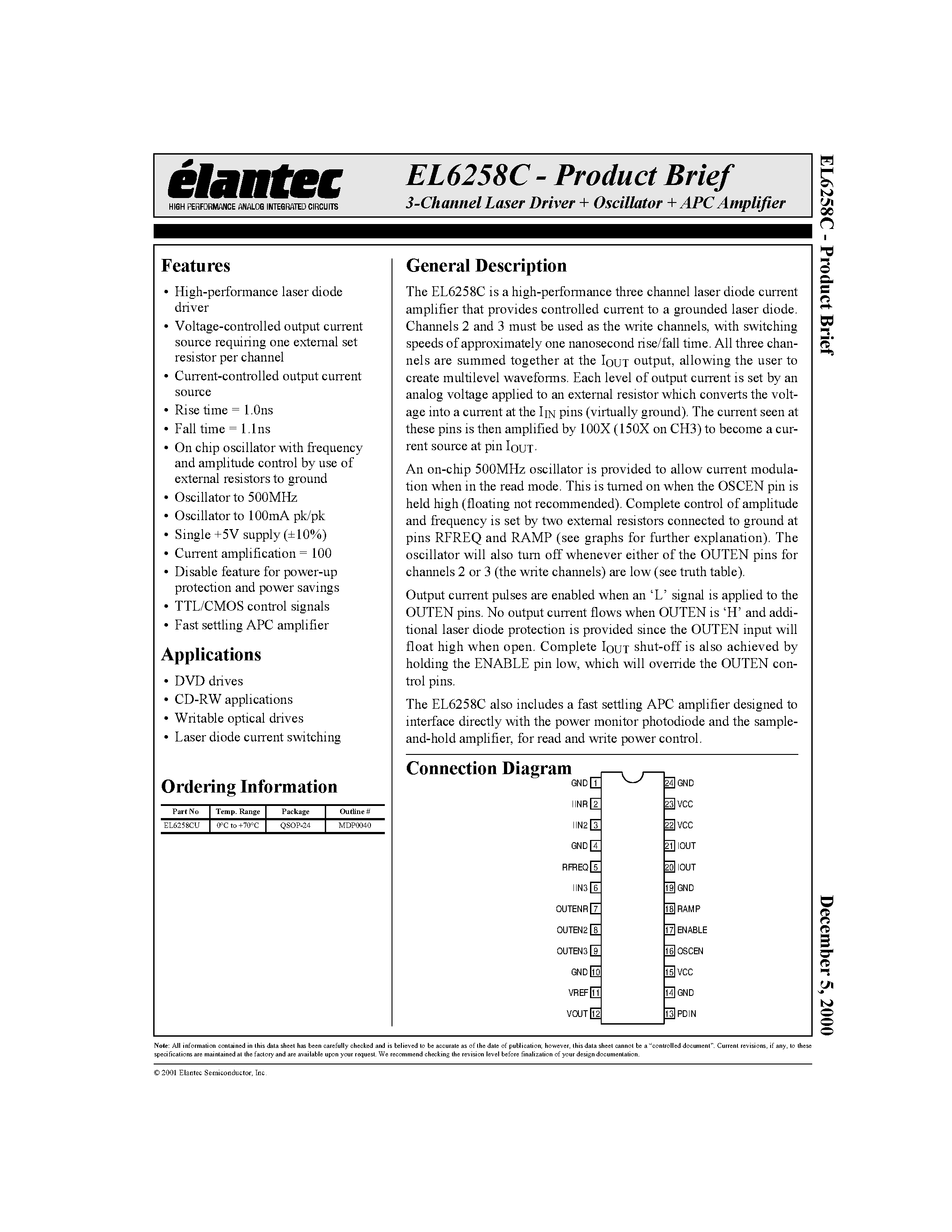 Даташит EL6258C - 3-Channel Laser Driver + Oscillator + APC Amplifier страница 1