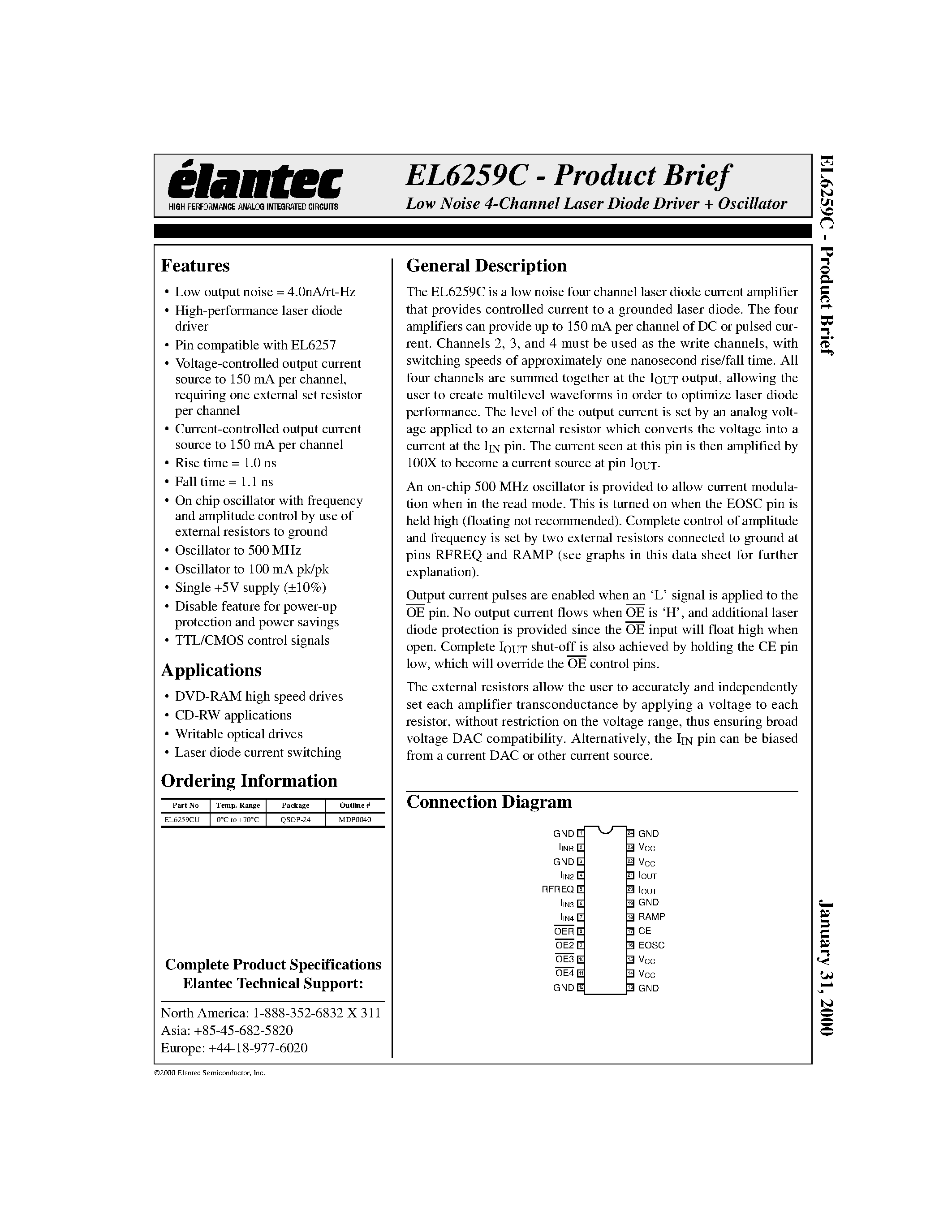 Даташит EL6259CU - Low Noise 4-Channel Laser Diode Driver + Oscillator страница 1