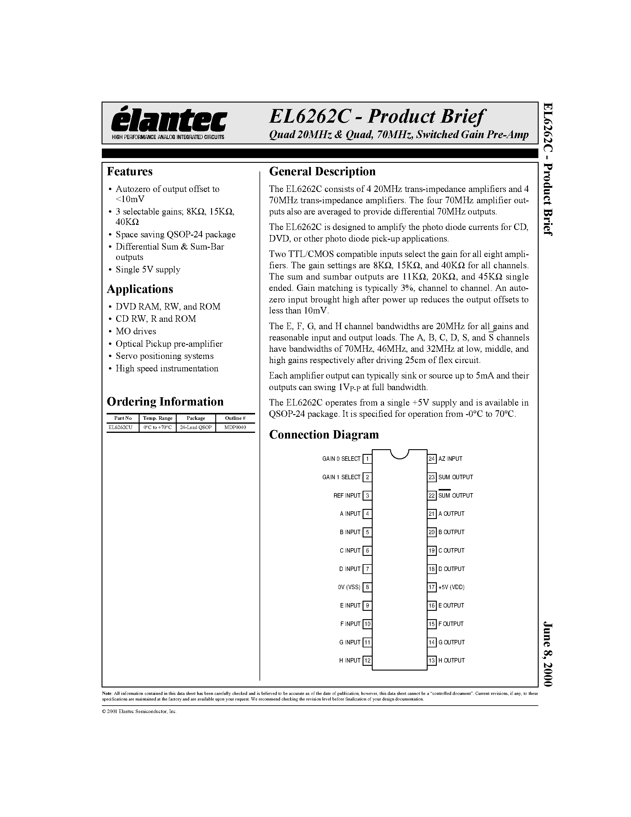 Даташит EL6262C - Quad 20MHz & Quad/ 70MHz/ Switched Gain Pre-Amp страница 1