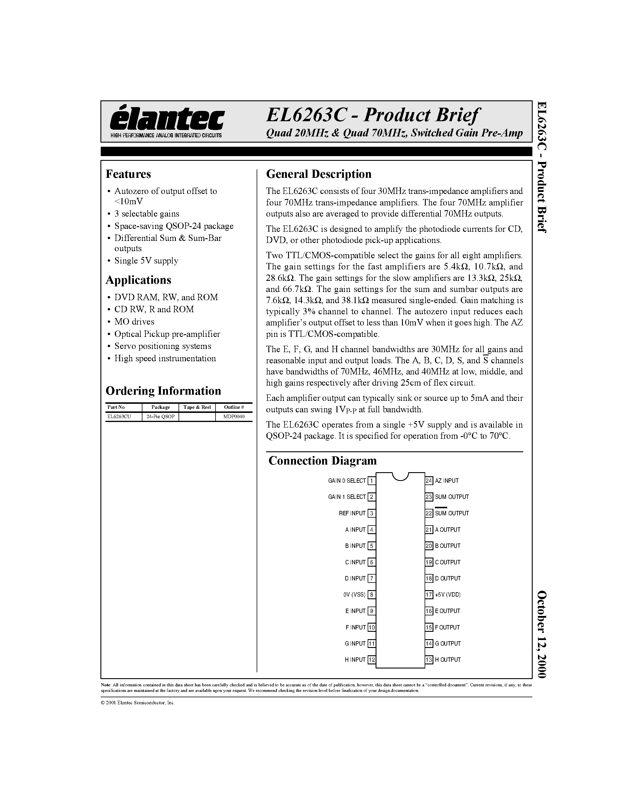 Даташит на микросхему EL6263C страница 1 Даташит EL6263C - Quad 20MHz & Quad 70MHz/ Switched Gain Pre-Amp страница 1