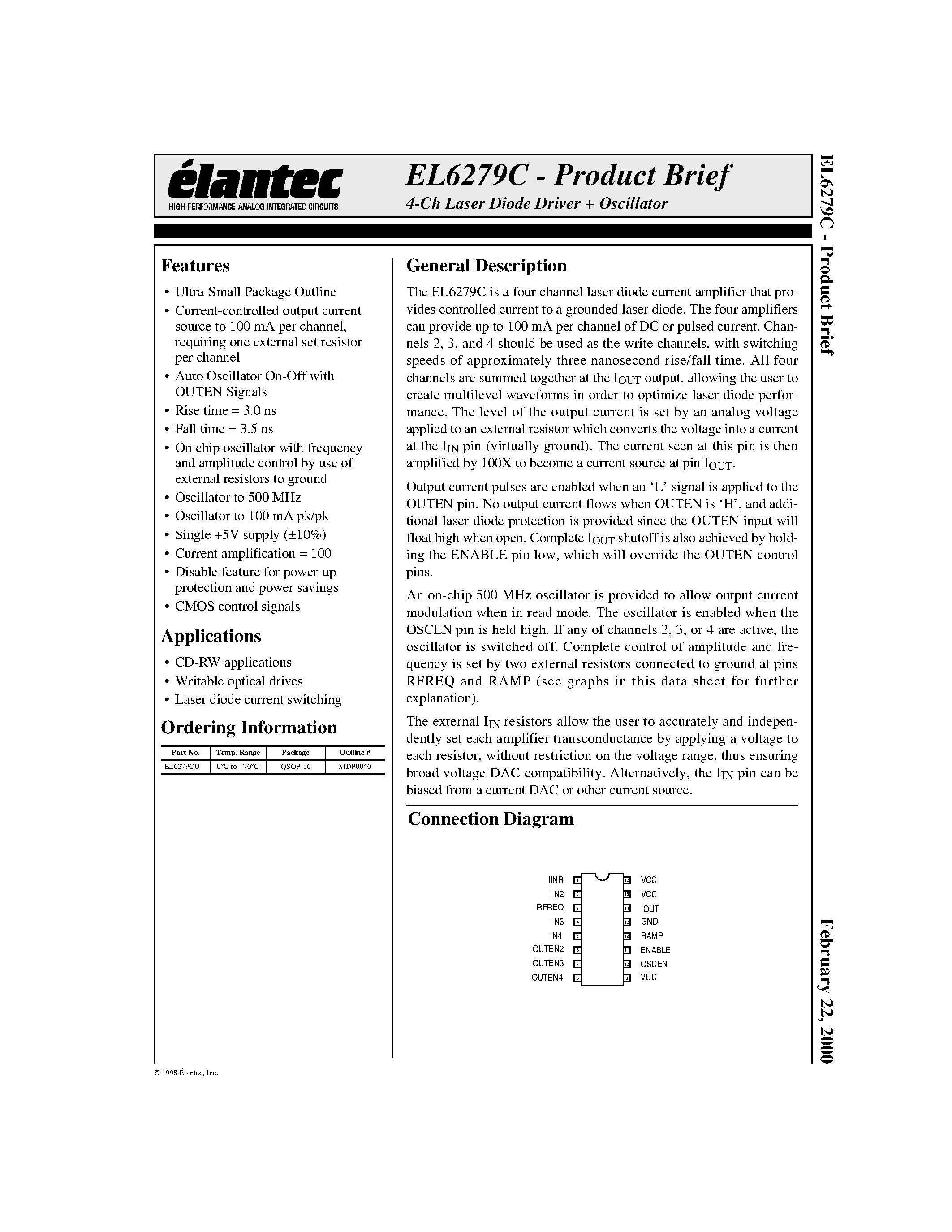 Даташит EL6279CU - 4-Ch Laser Diode Driver Oscillator страница 1