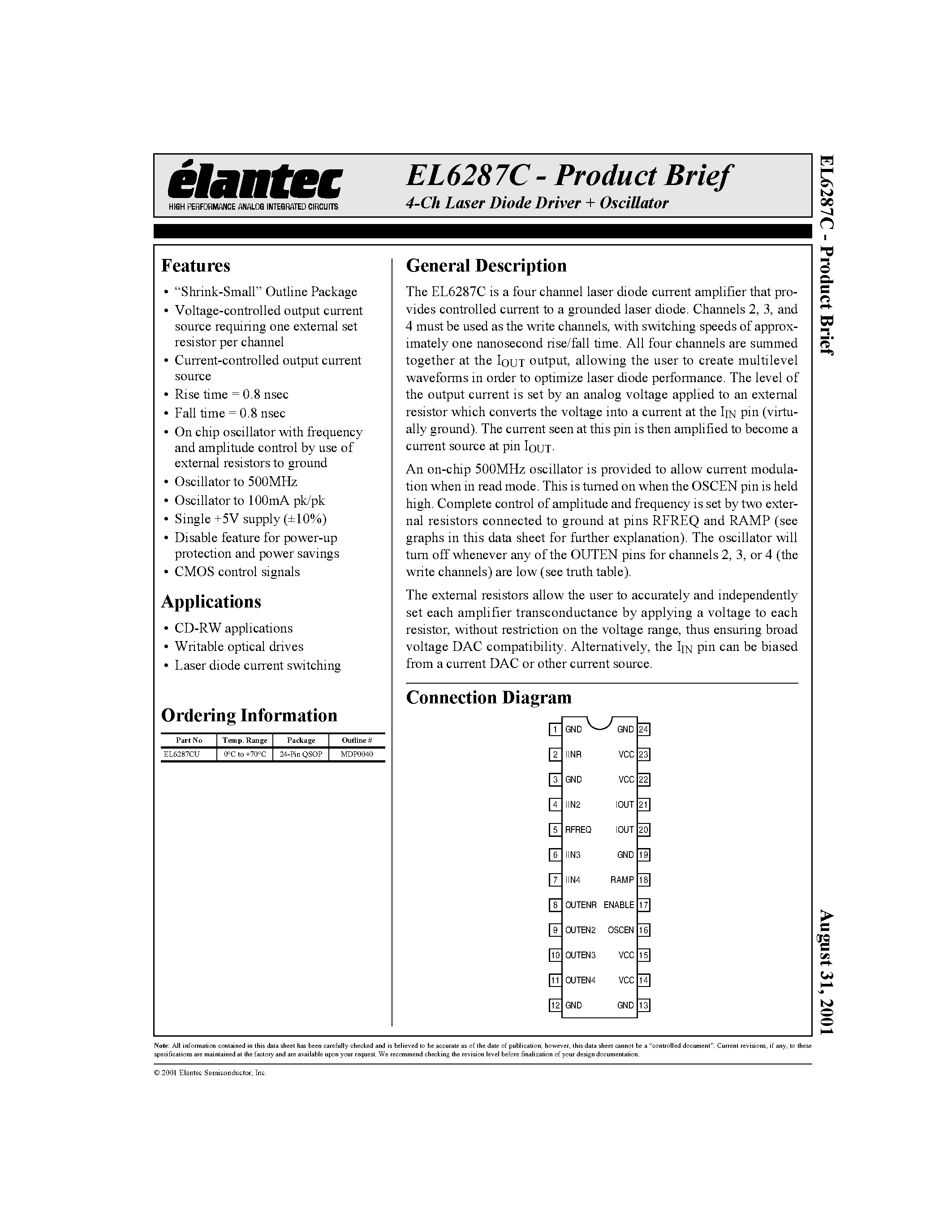 Даташит EL6287C - 4-Ch Laser Diode Driver + Oscillator страница 1