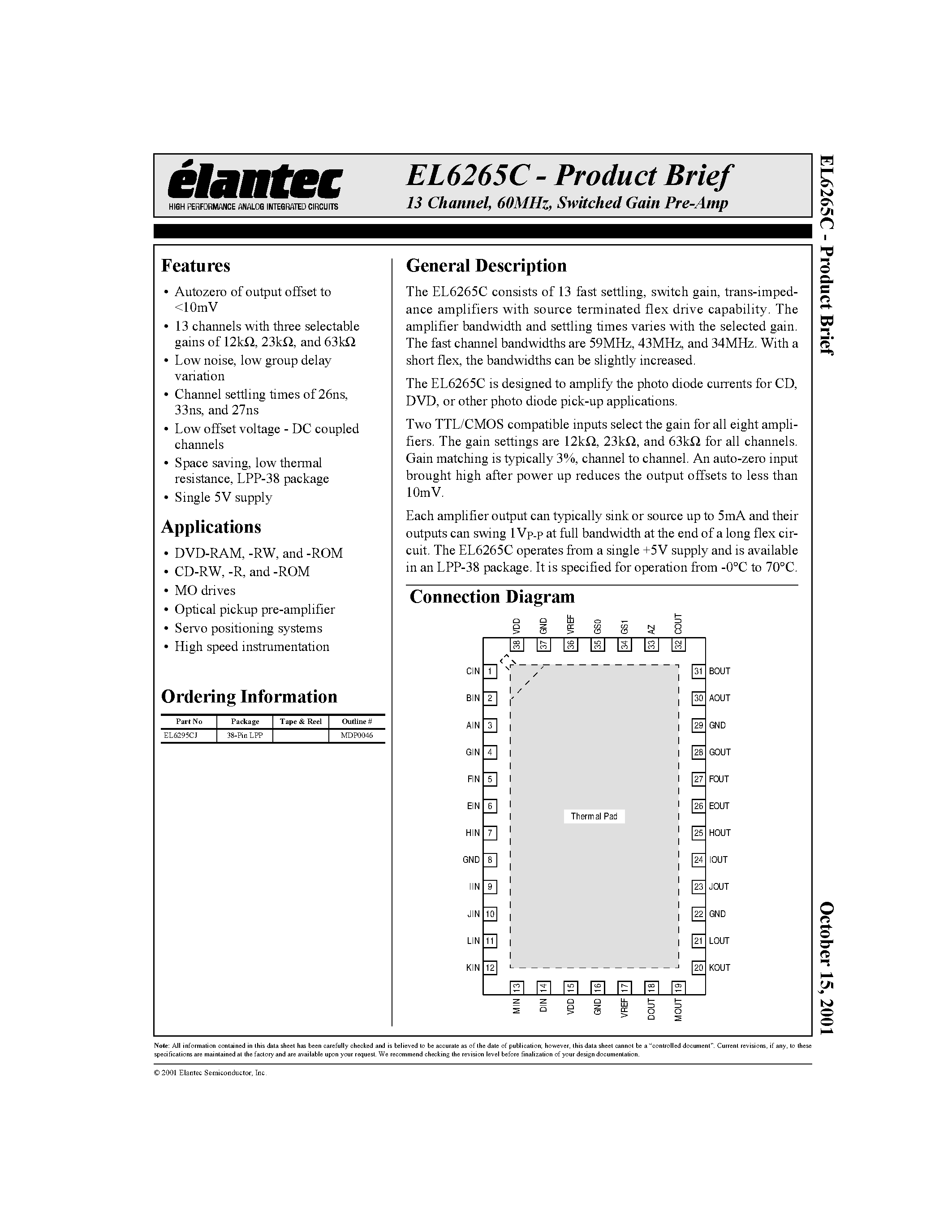 Даташит на микросхему EL6295CJ страница 1 Даташит EL6295CJ - 13 Channel/ 60MHz/ Switched Gain Pre-Amp страница 1
