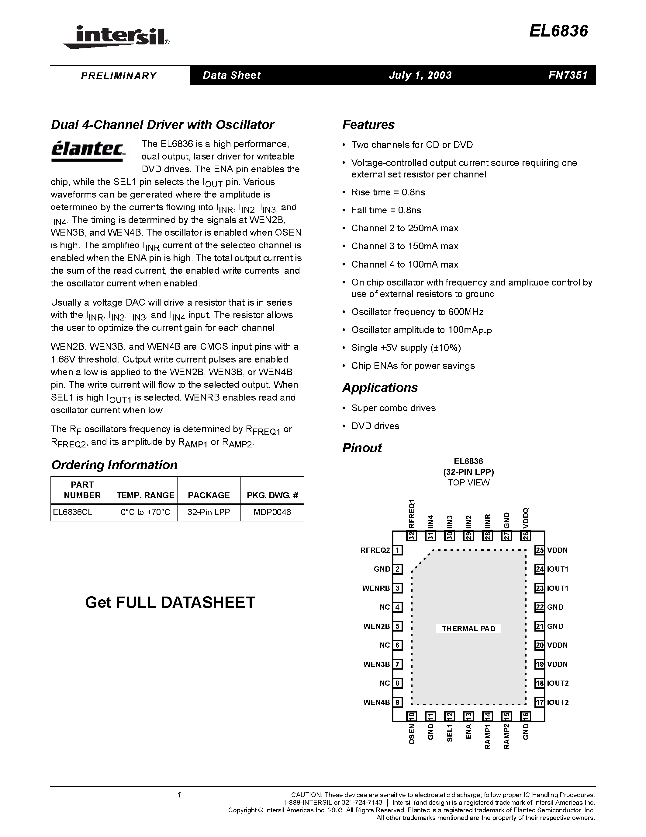 Даташит EL6836 - Dual 4-Channel Driver with Oscillator страница 1