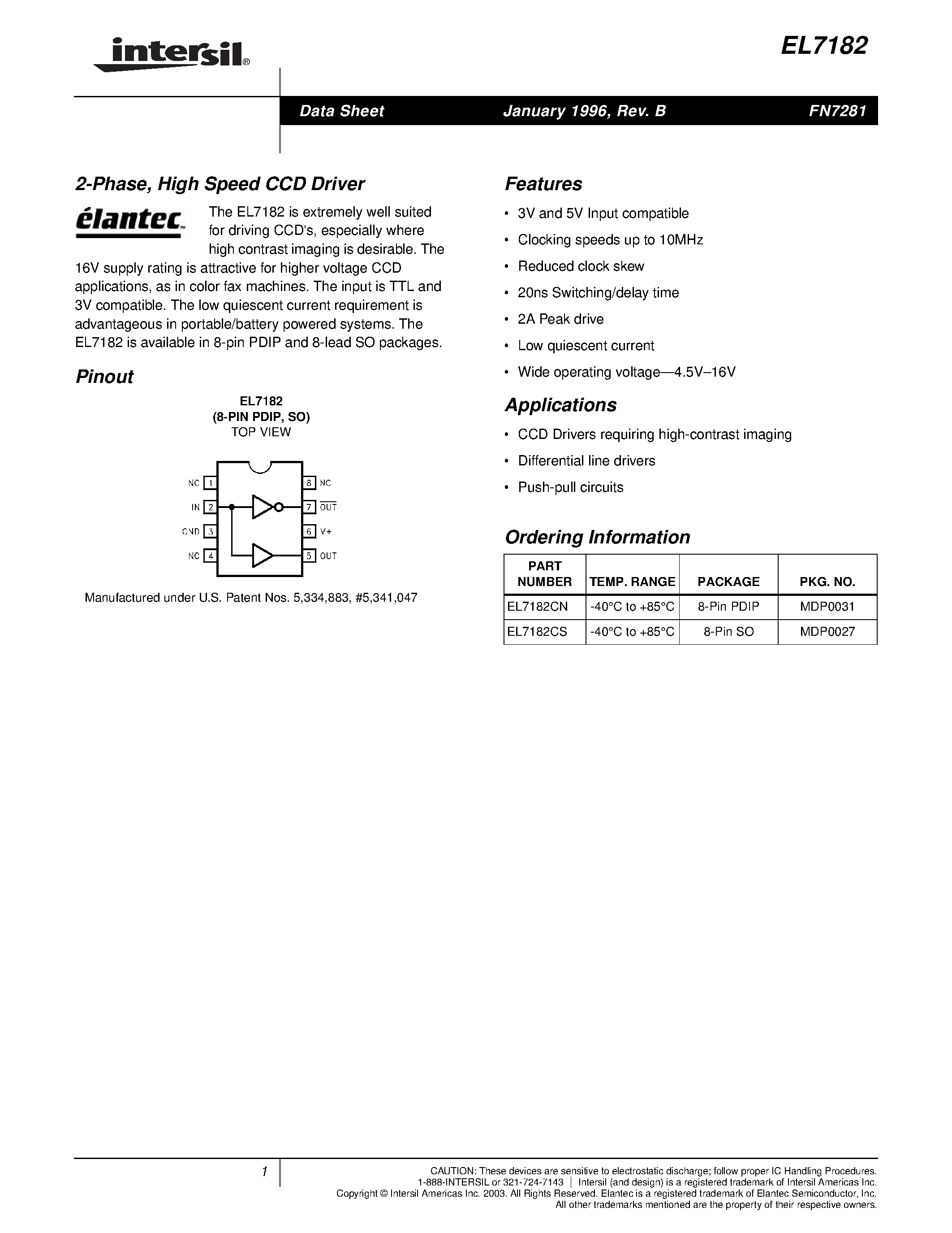 Даташит EL7182CN - 2-Phase/ High Speed CCD Driver страница 1