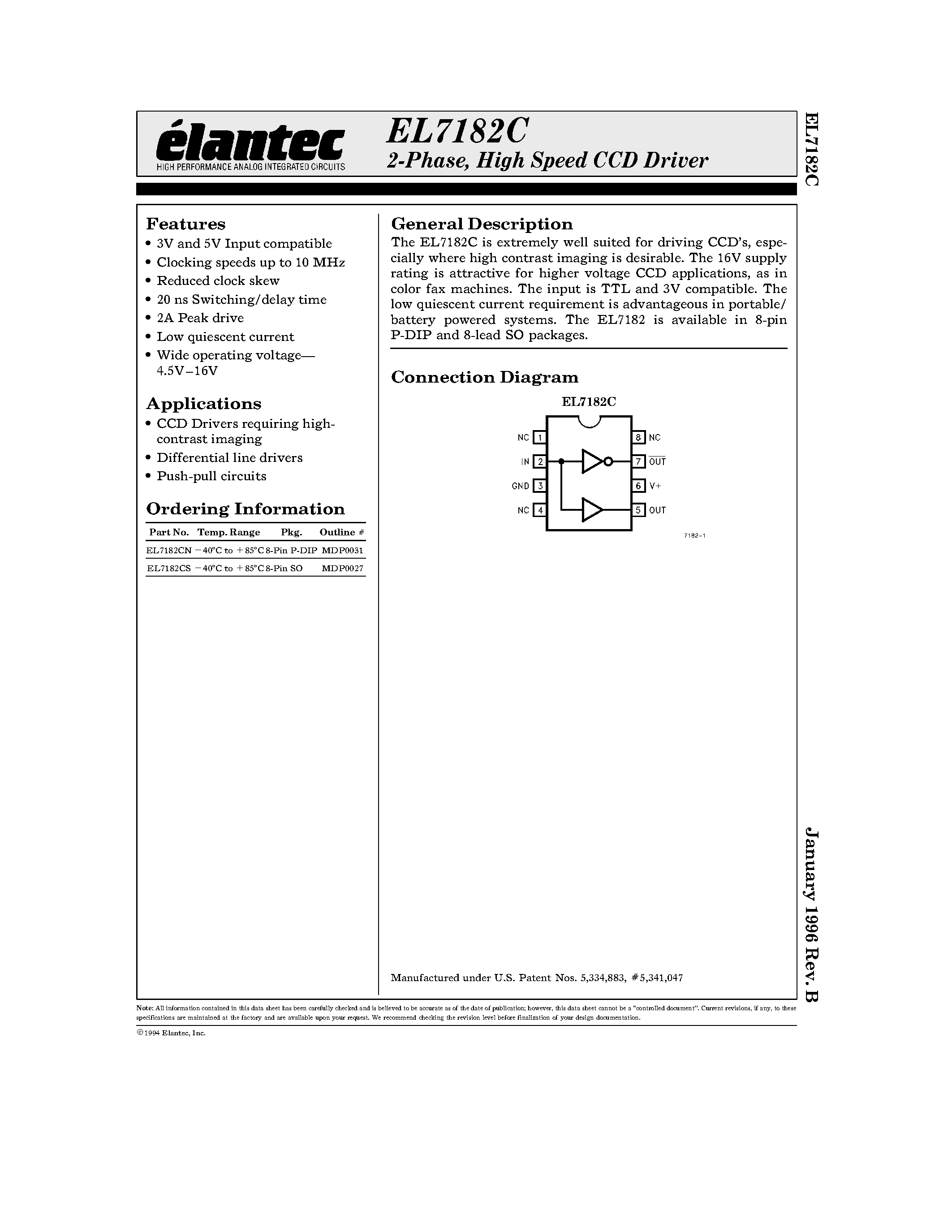 Даташит EL7182CS - 2-Phase/ High Speed CCD Driver страница 1