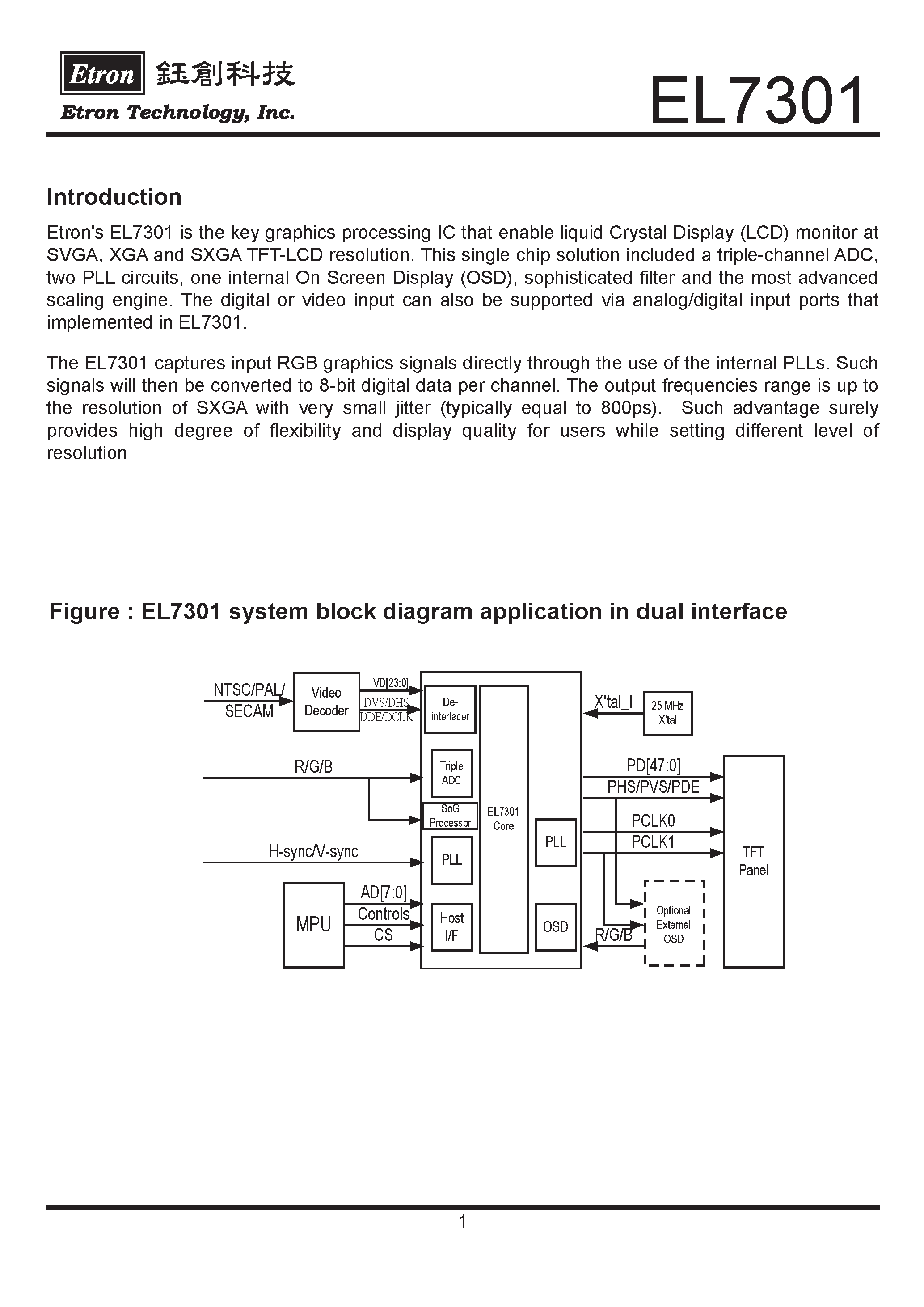Datasheet EL7301Q-110 - single chip solution included a triple-channel ADC/ two PLL circuits/ one internal On Screen Display (OSD)/ sophisticated filter and the most advanced page 2