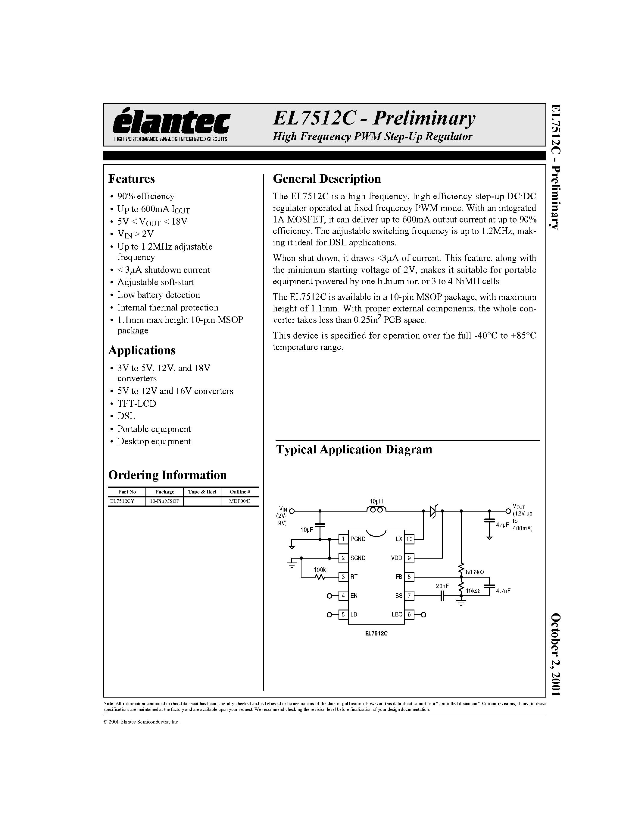 Даташит EL7512C - High Frequency PWM Step-Up Regulator страница 1