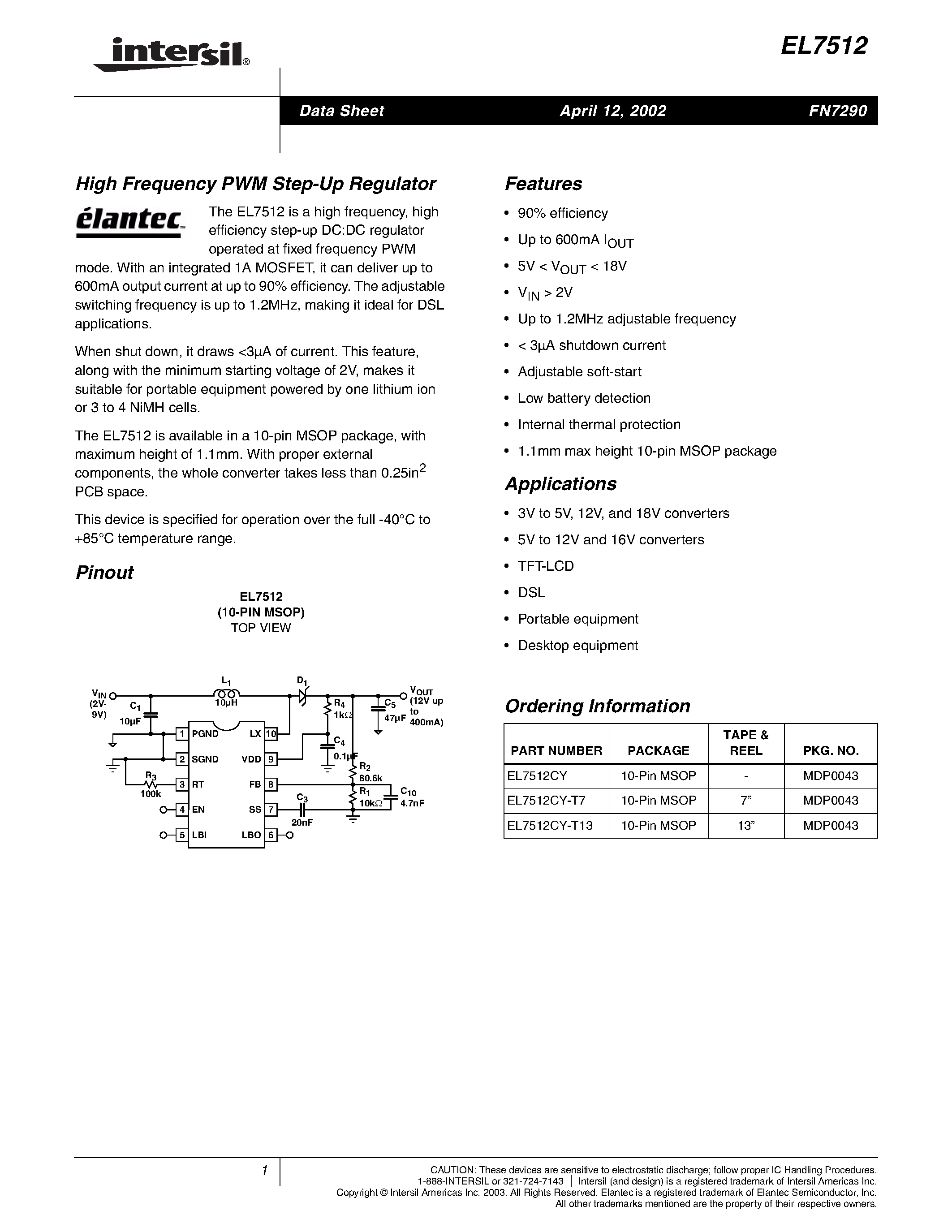 Даташит на микросхему EL7512CY-T7 страница 1 Даташит EL7512CY-T7 - High Frequency PWM Step-Up Regulator страница 1