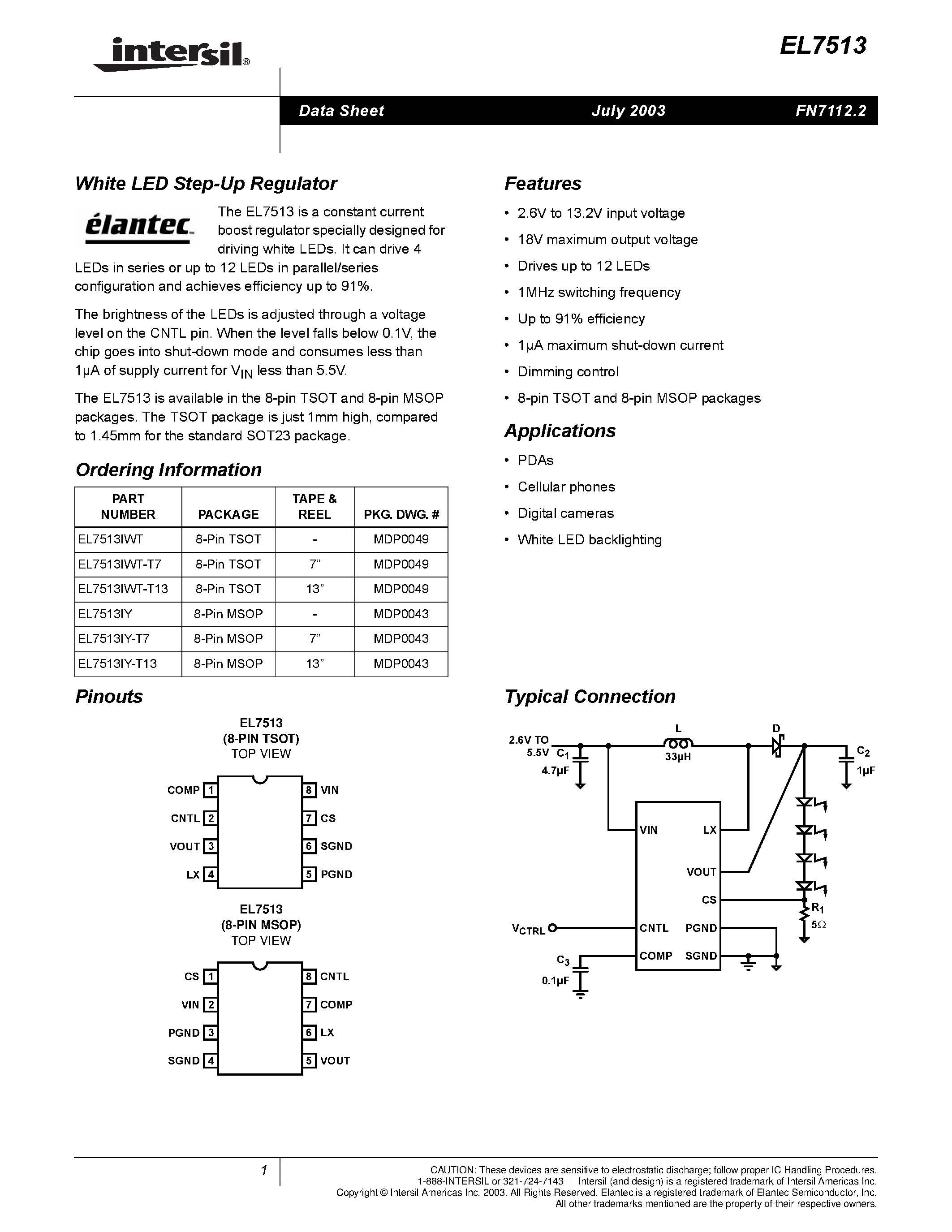 Даташит на микросхему EL7513 страница 1 Даташит EL7513 - White LED Step-Up Regulator страница 1