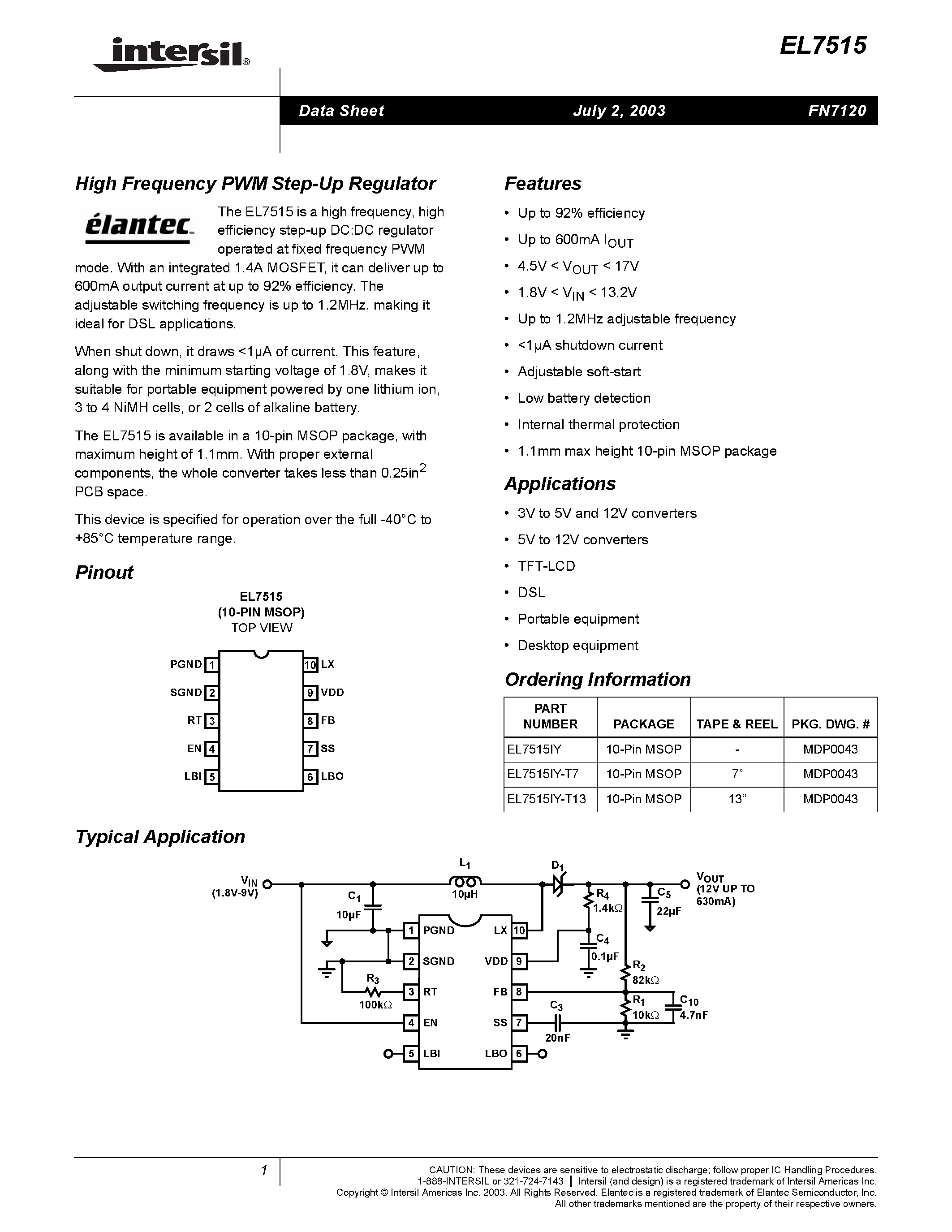 Даташит на микросхему EL7515 страница 1 Даташит EL7515 - High Frequency PWM Step-Up Regulator страница 1