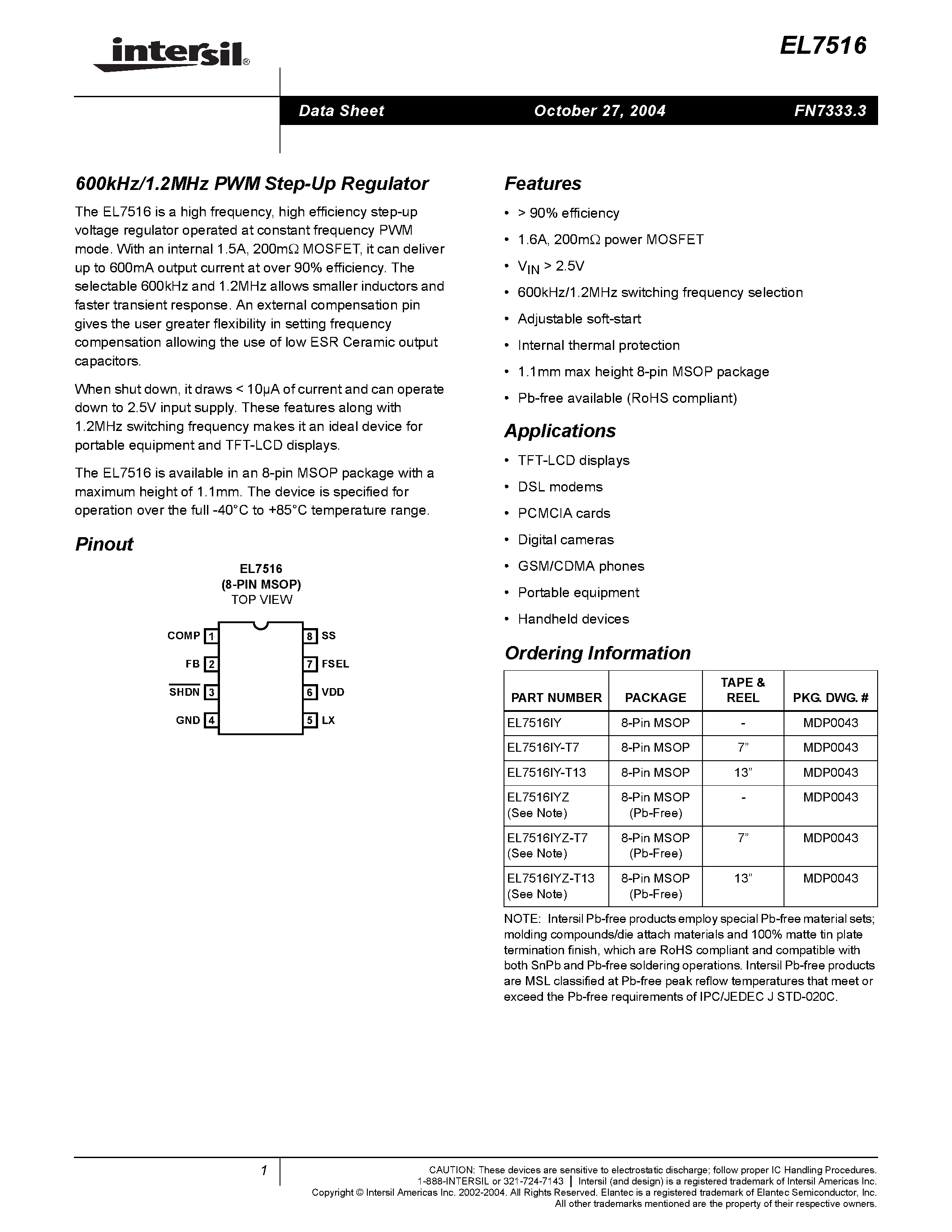 Даташит на микросхему EL7516 страница 1 Даташит EL7516 - 600kHz/1.2MHz PWM Step-Up Regulator страница 1