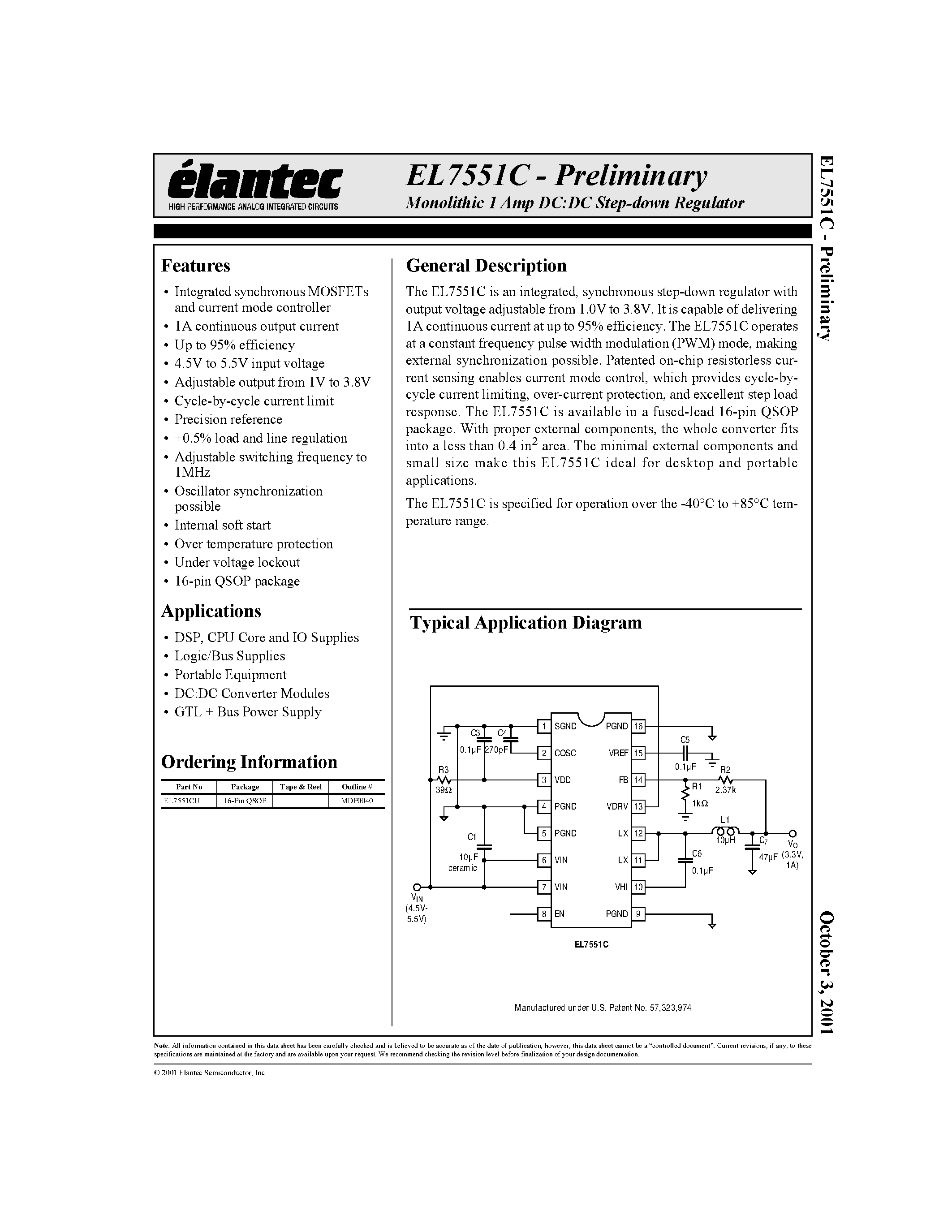 Даташит EL7551CU - Monolithic 1 Amp DC:DC Step-down Regulator страница 1