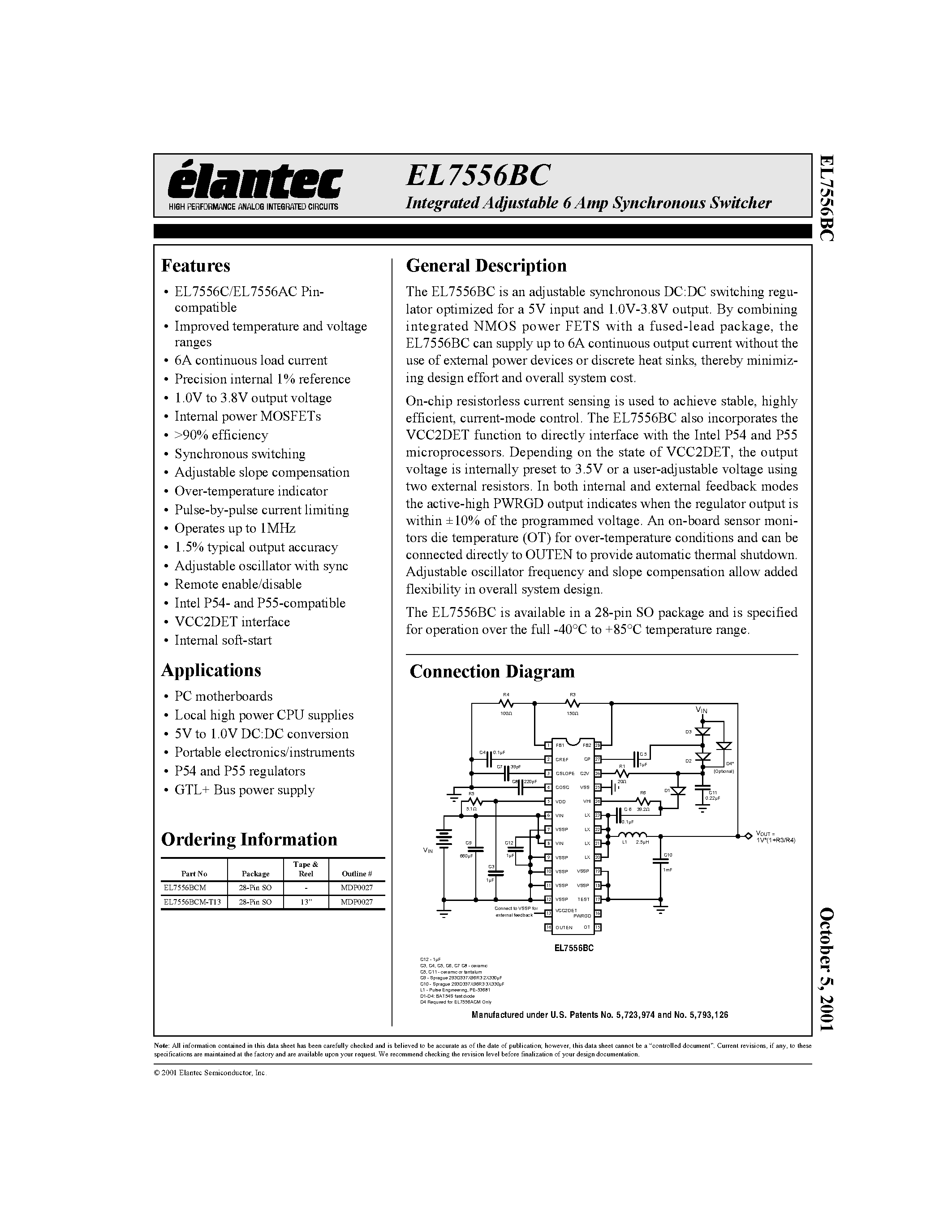 Datasheet EL7556BCM page 1 Datasheet EL7556BCM - Integrated Adjustable 6 Amp Synchronous Switcher page 1