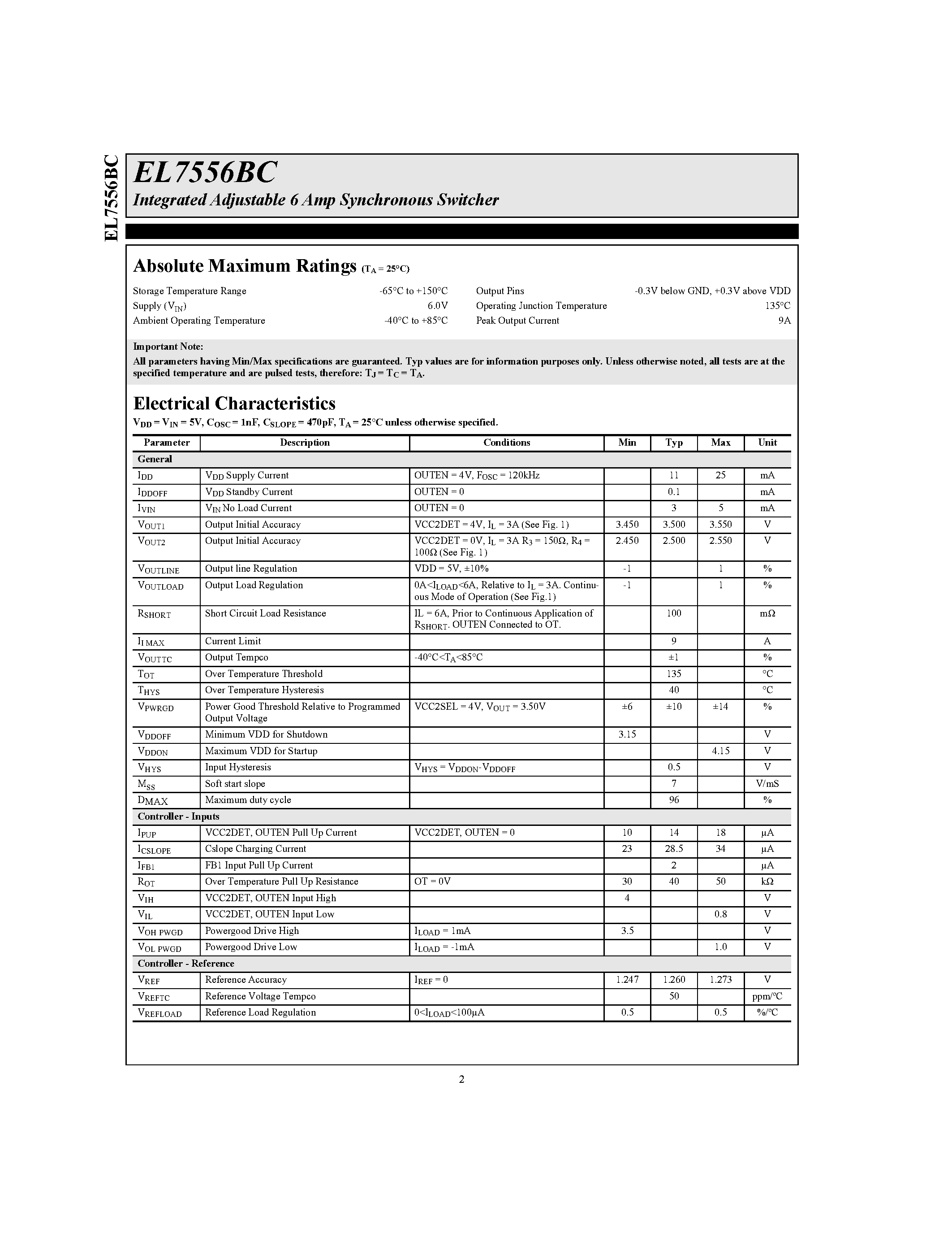 Datasheet EL7556BCM-T13 - Integrated Adjustable 6 Amp Synchronous Switcher page 2