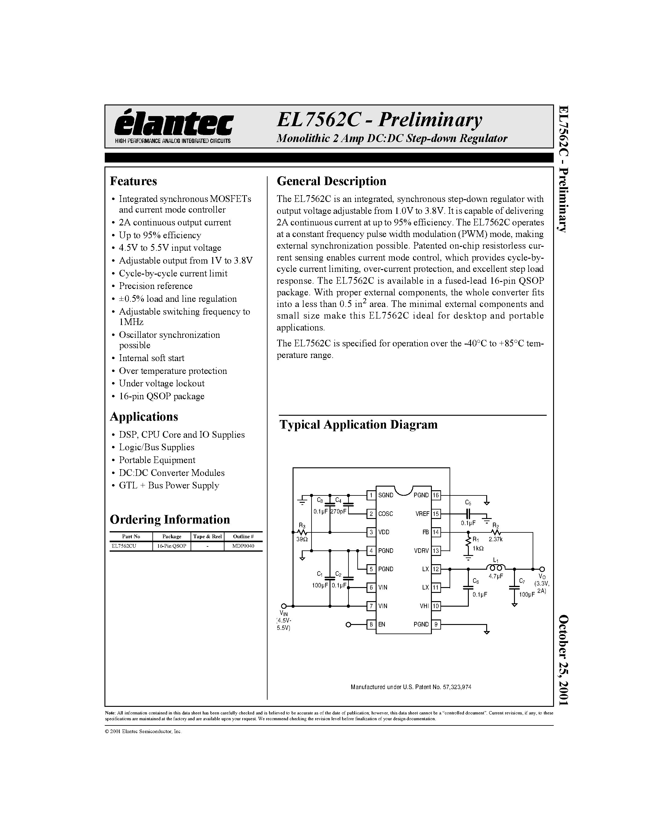 Даташит на микросхему EL7562C страница 1 Даташит EL7562C - Monolithic 2 Amp DC:DC Step-down Regulator страница 1
