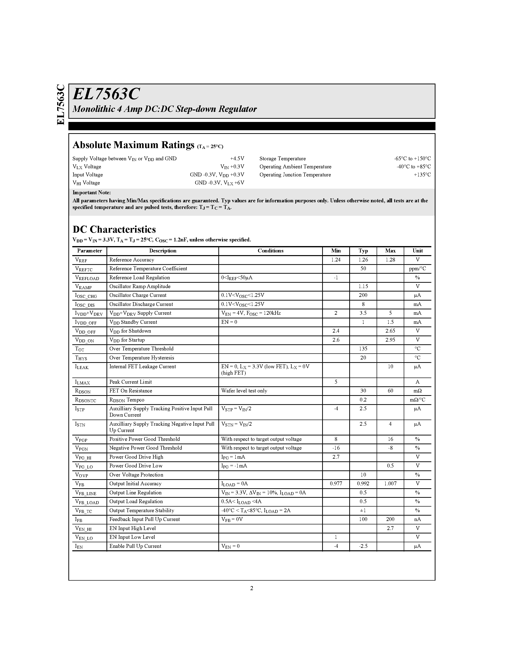 Даташит EL7563CM-T13 - Monolithic 4 Amp DC:DC Step-down Regulator страница 2