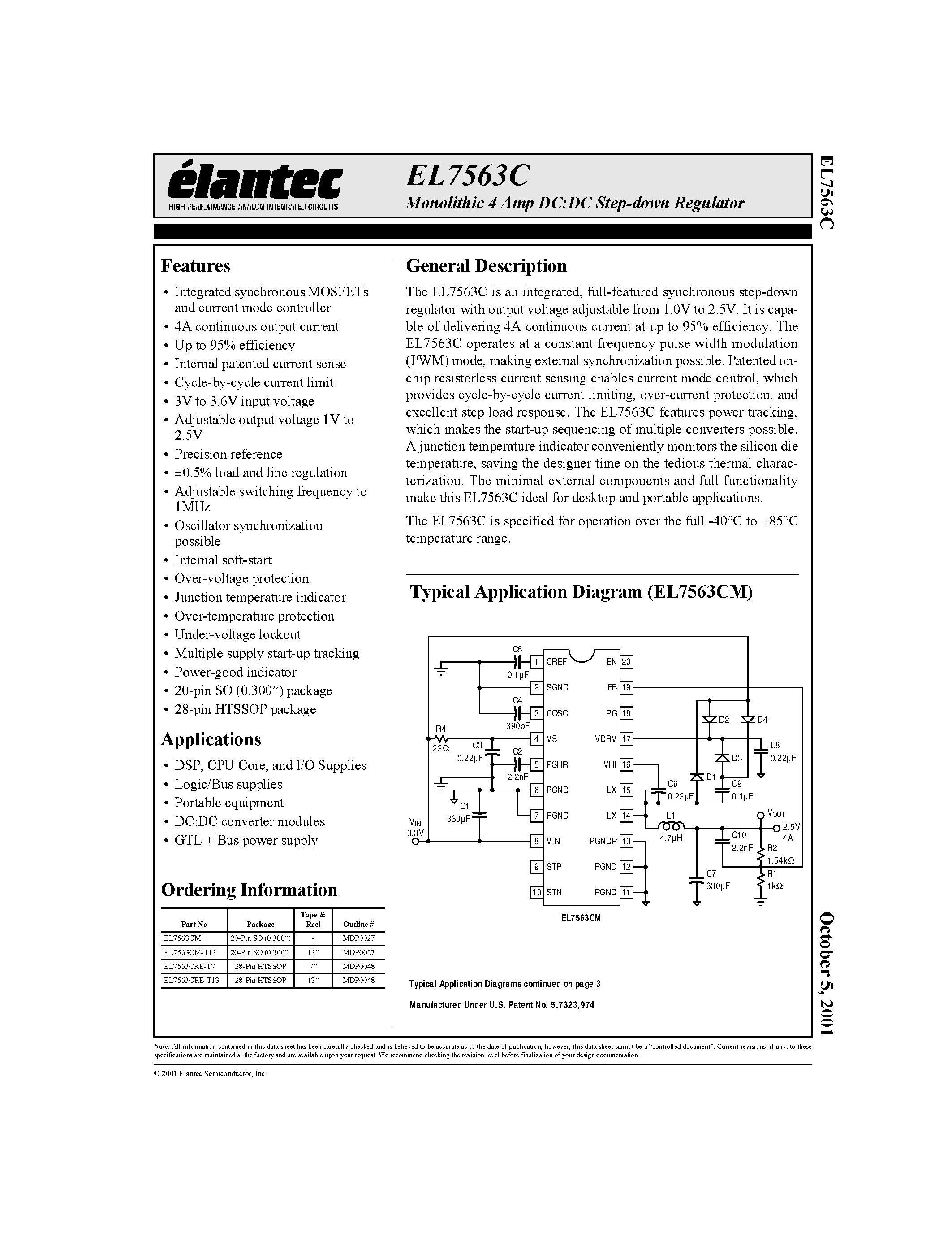 Даташит EL7563CRE-T7 - Monolithic 4 Amp DC:DC Step-down Regulator страница 1