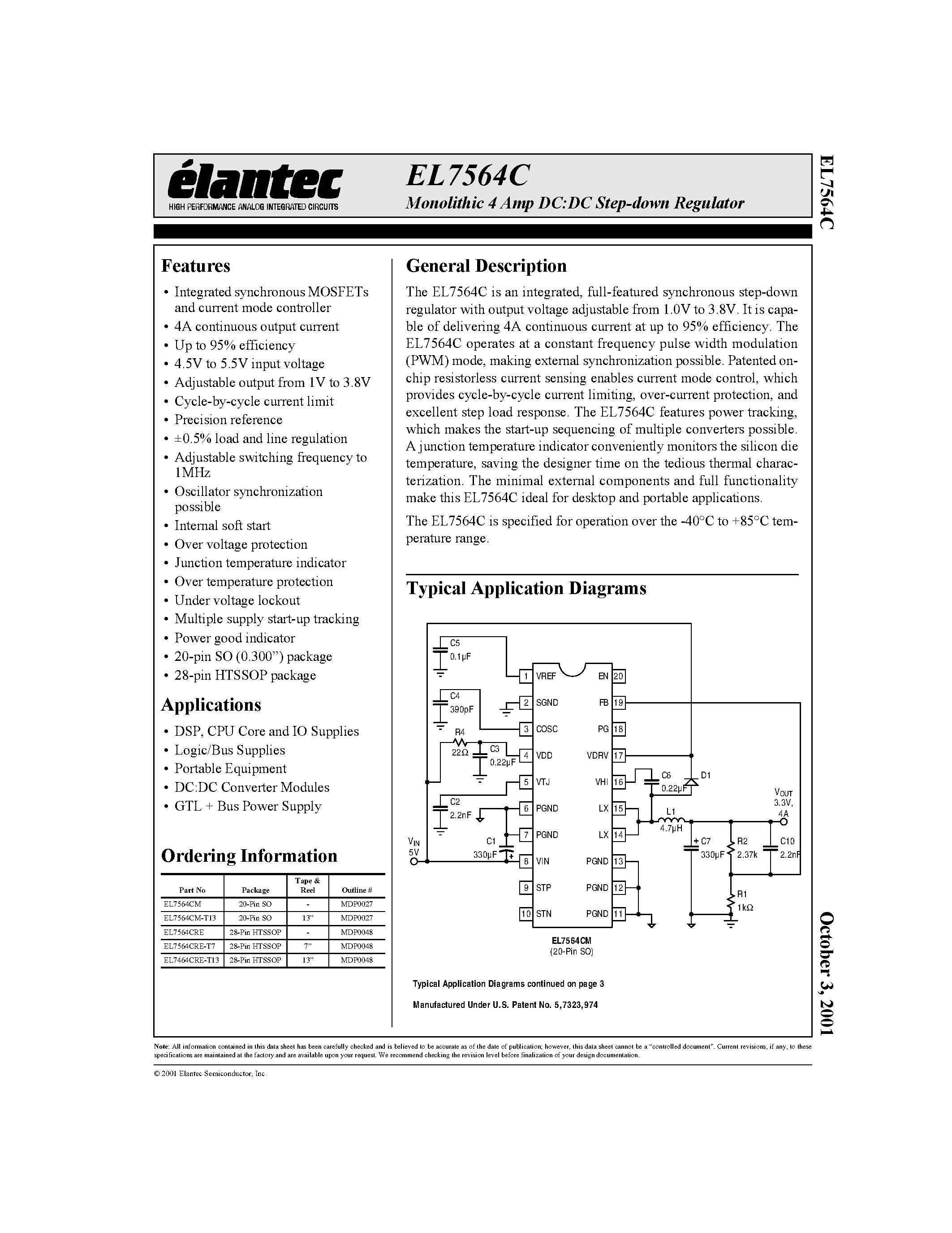 Даташит EL7564CRE - Monolithic 4 Amp DC:DC Step-down Regulator страница 1