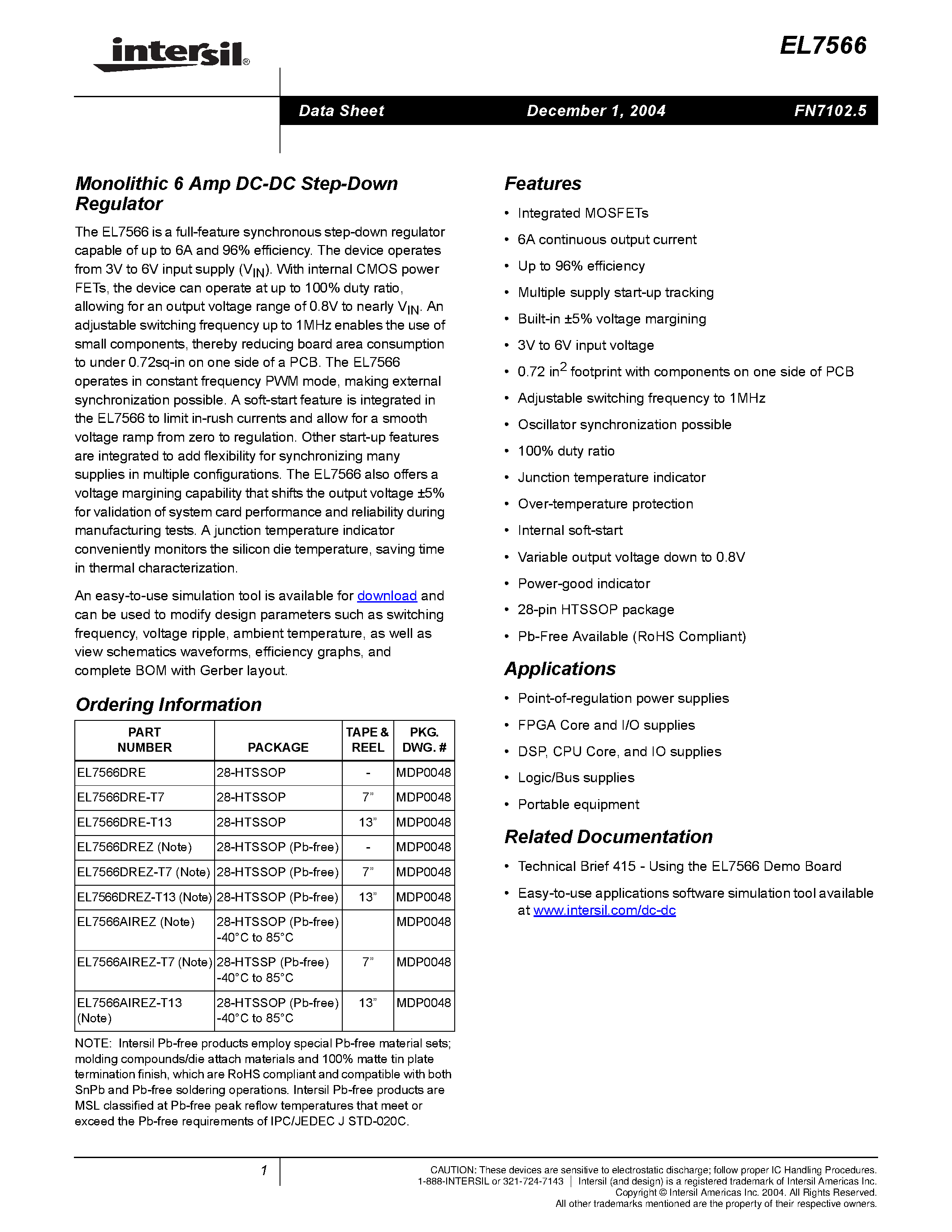 Datasheet EL7566AIREZ-T13 - Monolithic 6 Amp DC-DC Step-Down Regulator page 1