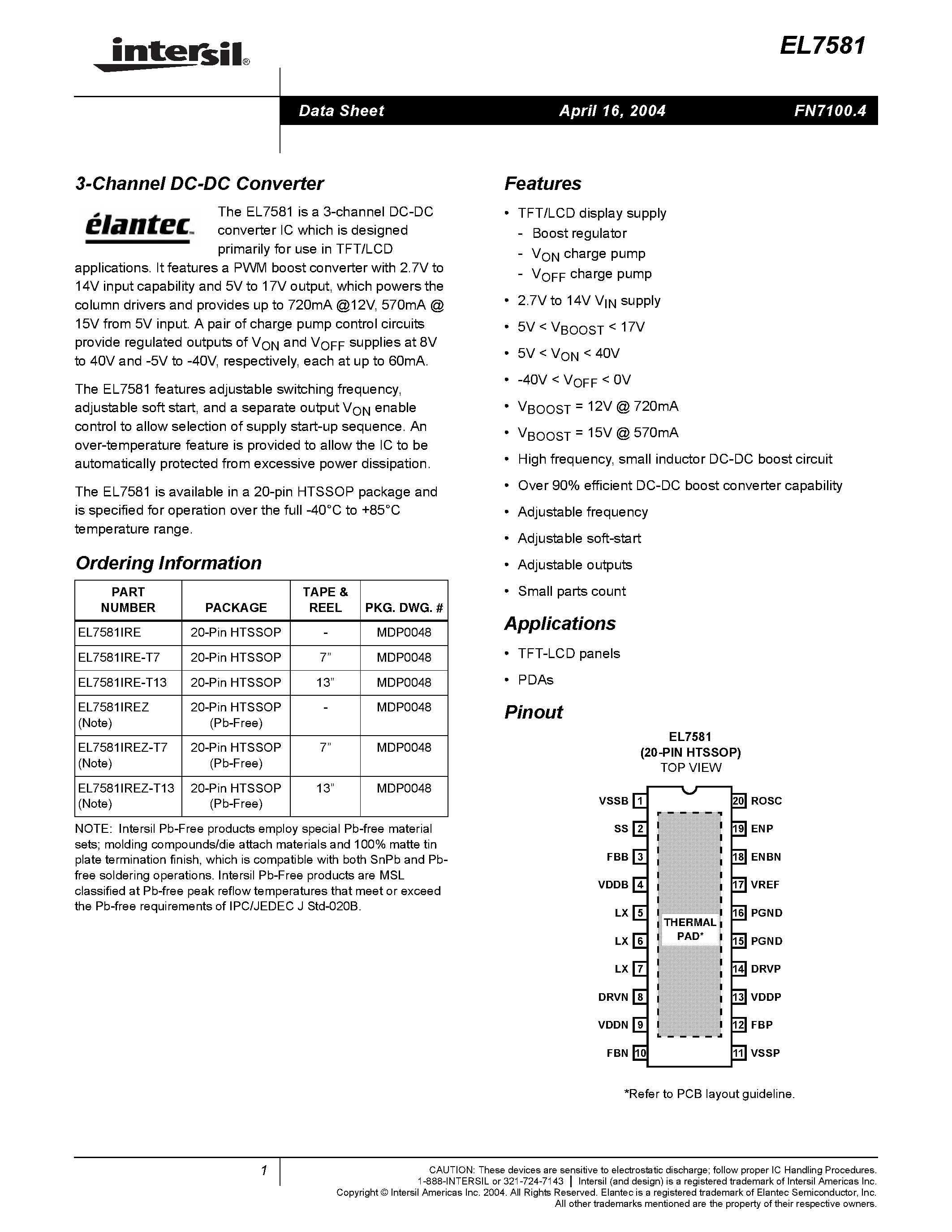Datasheet EL7581IRE-T7 page 1 Datasheet EL7581IRE-T7 - 3-Channel DC-DC Converter page 1