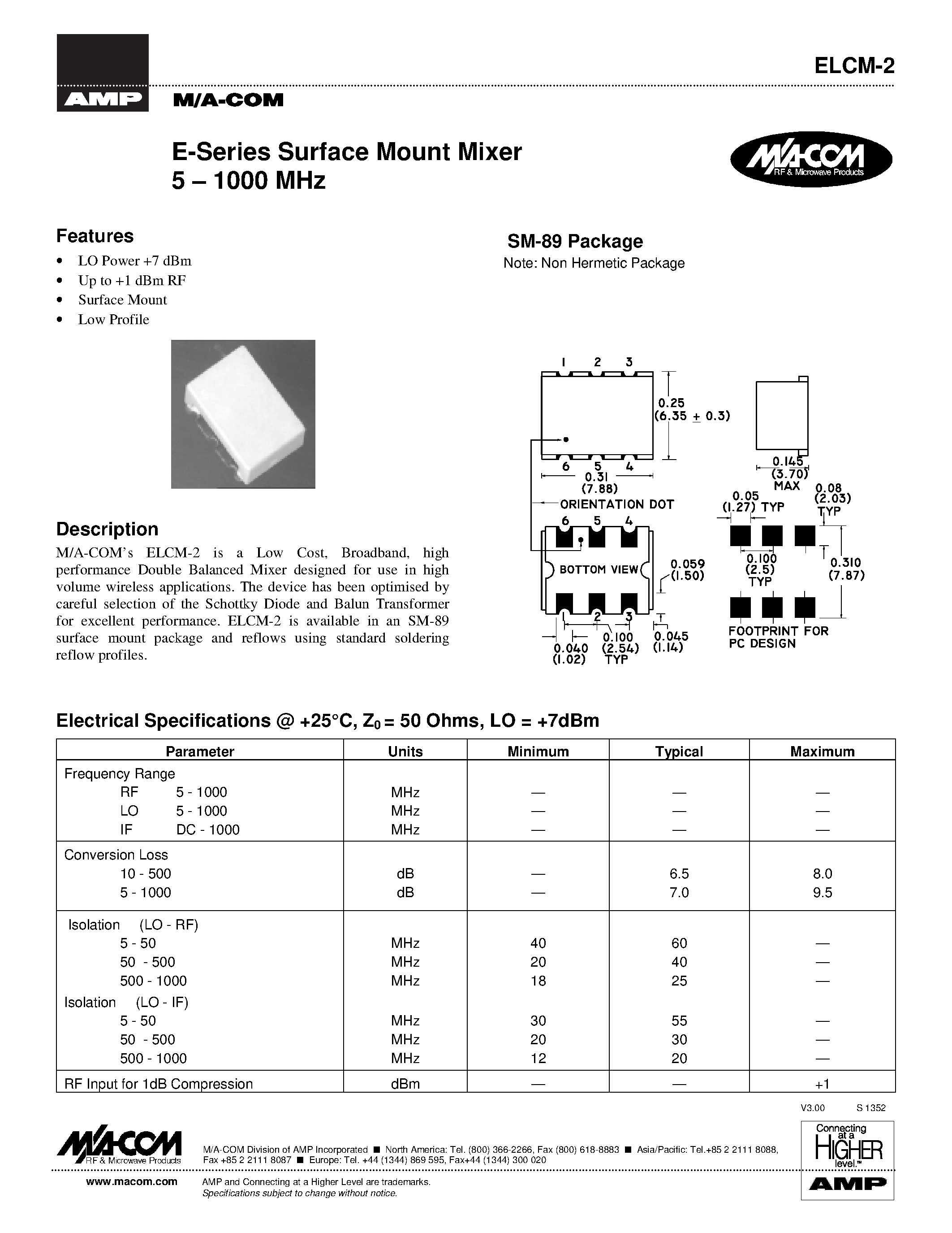 Даташит ELCM-2 - E-Series Surface Mount Mixer 5 - 1000 MHz страница 1