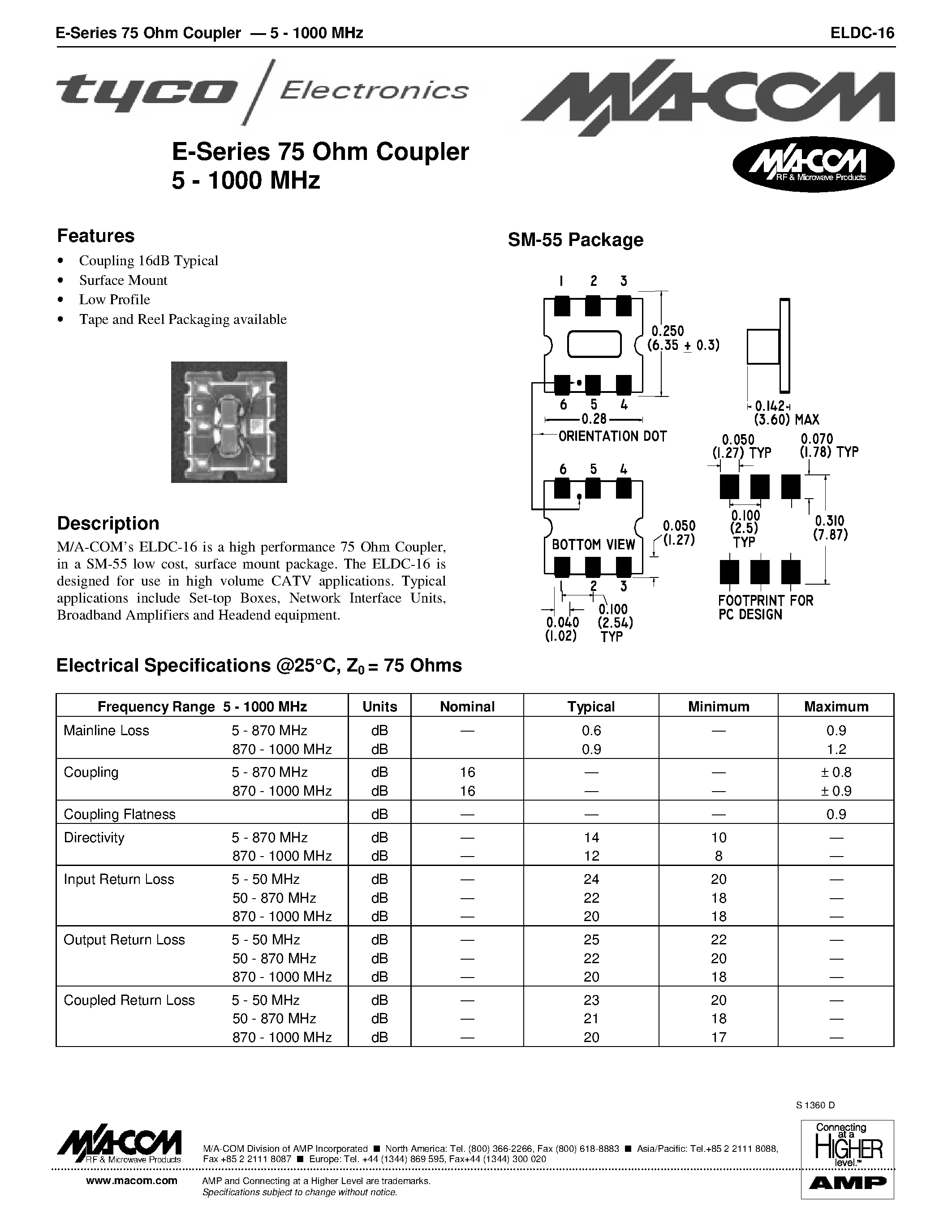 Datasheet ELDC-16 page 1 Datasheet ELDC-16 - E-Series 75 Ohm Coupler 5 - 1000 MHz page 1