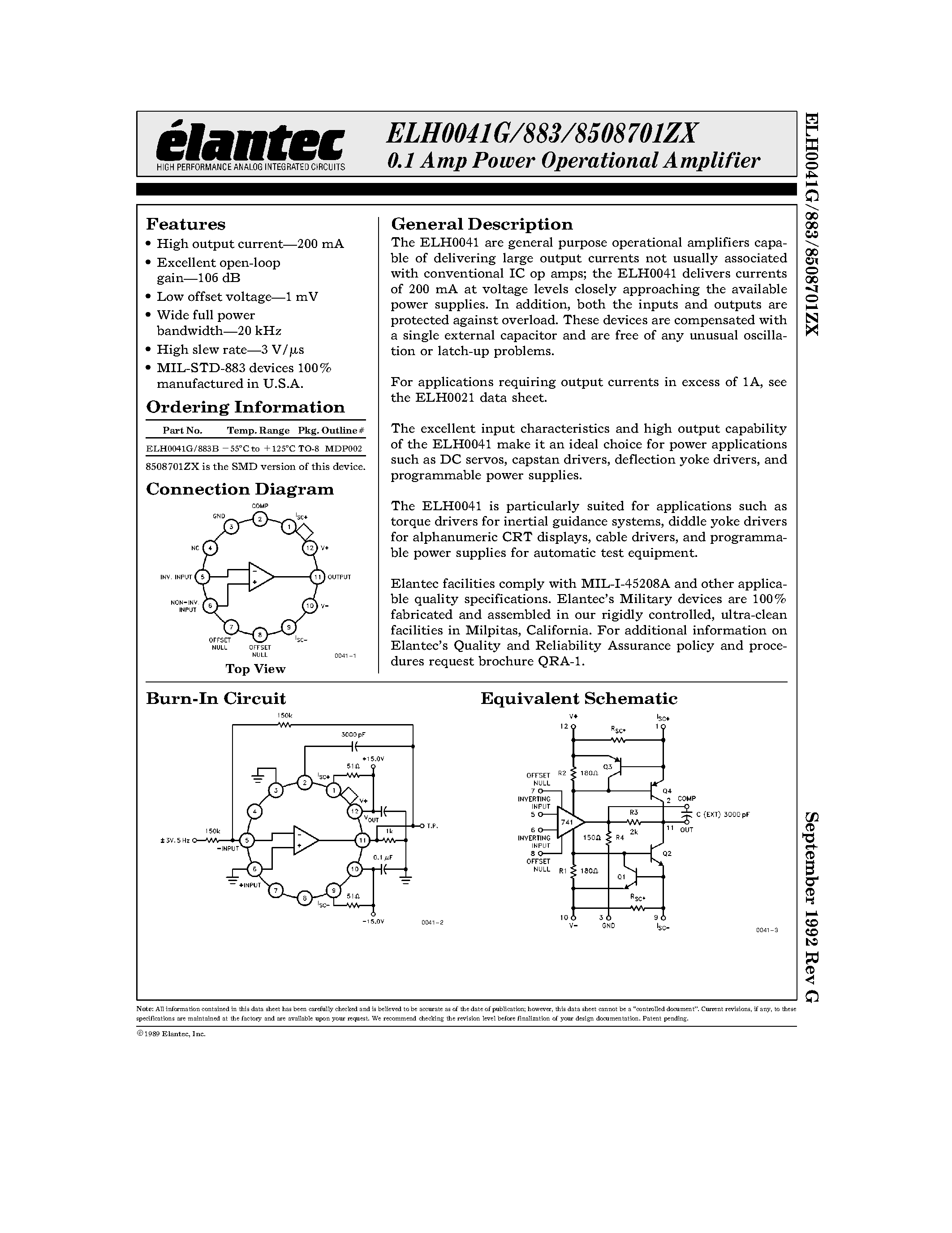 Datasheet ELH0041G page 1 Datasheet ELH0041G - 0.1 Amp Power Operational Amplifier page 1