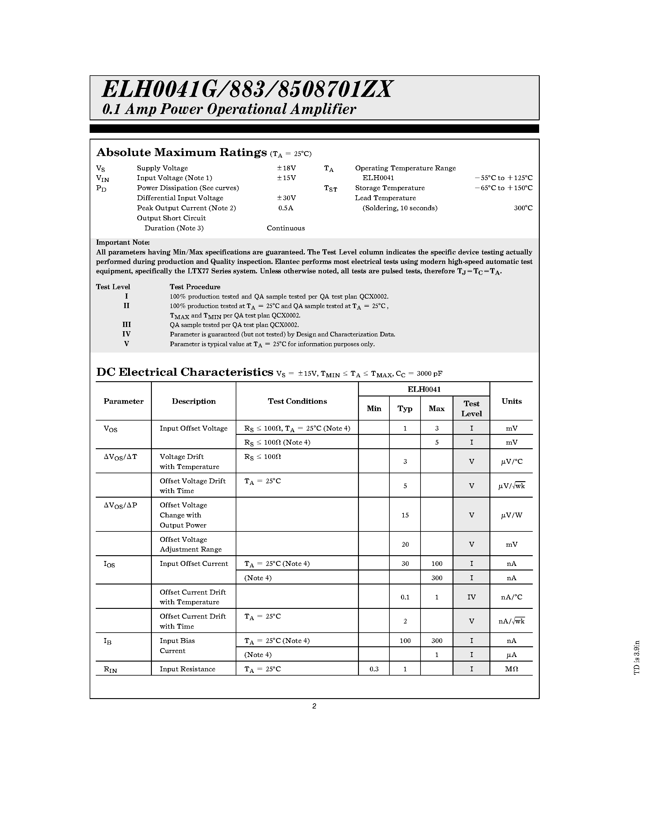 Datasheet ELH0041G page 2 Datasheet ELH0041G - 0.1 Amp Power Operational Amplifier page 2