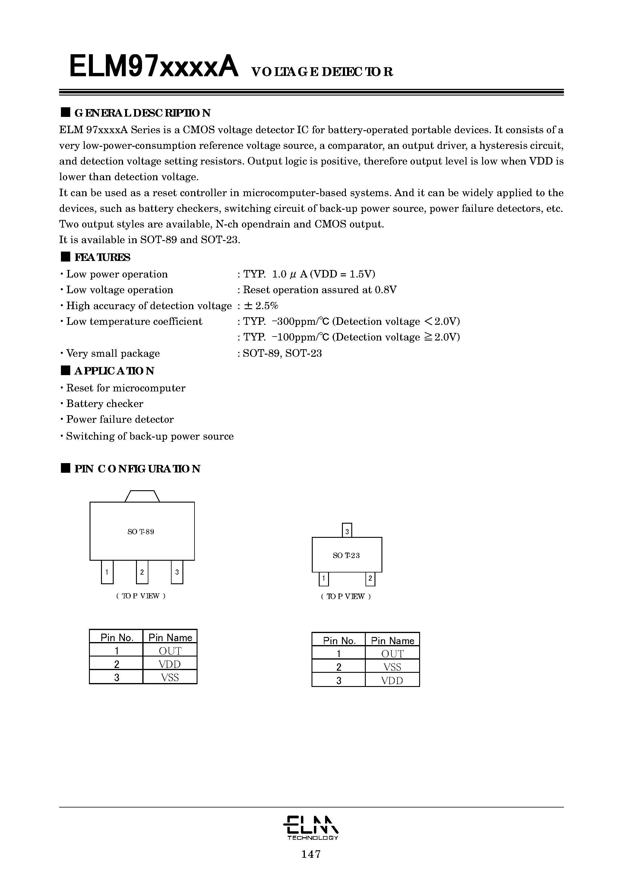 Datasheet ELM9727NBA - CMOS voltage detector IC for battery-operated portable devices page 1