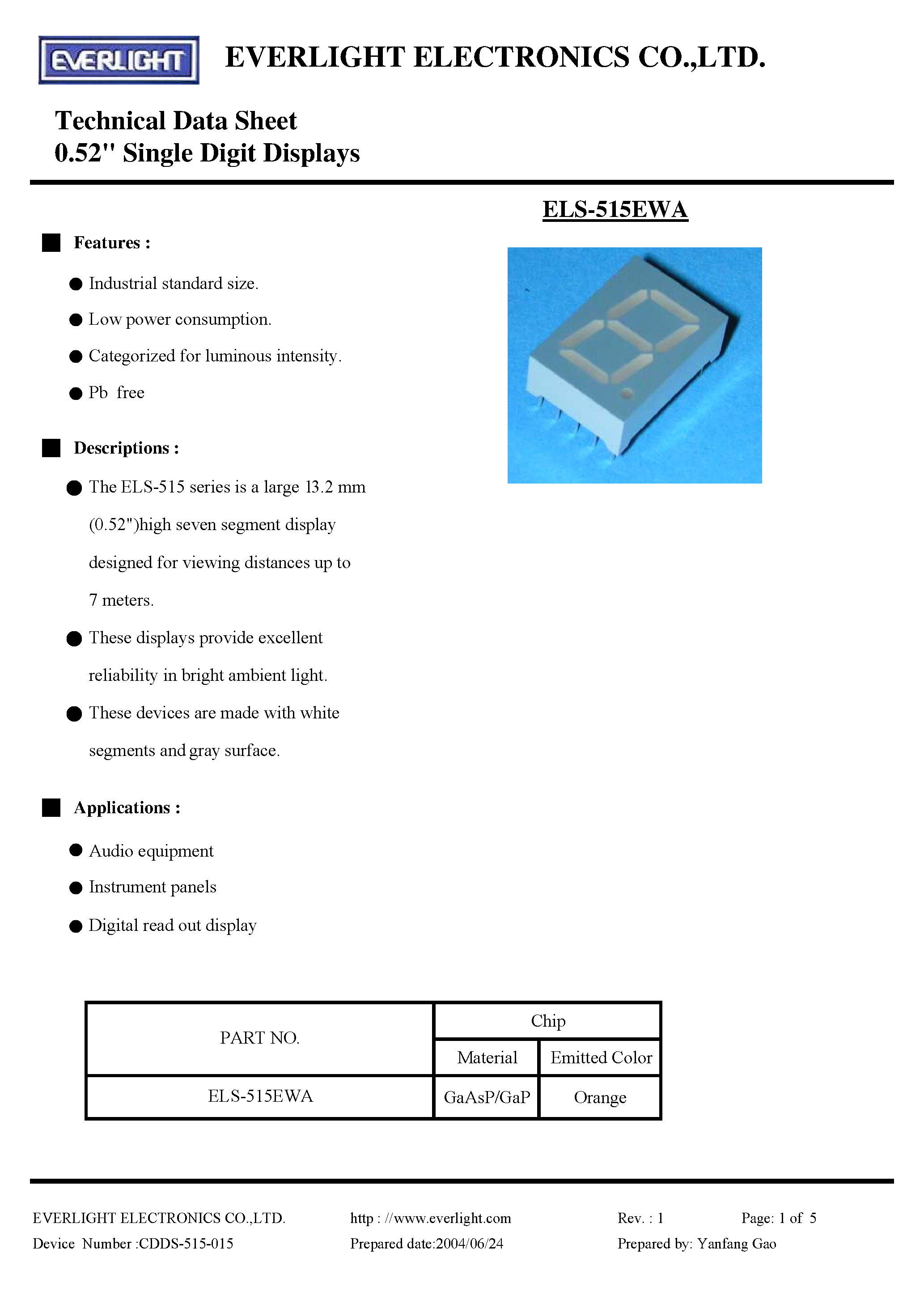 Datasheet ELS-515EWA page 1 Datasheet ELS-515EWA - 0.52 SINGLE DIGIT DISPLAYS page 1