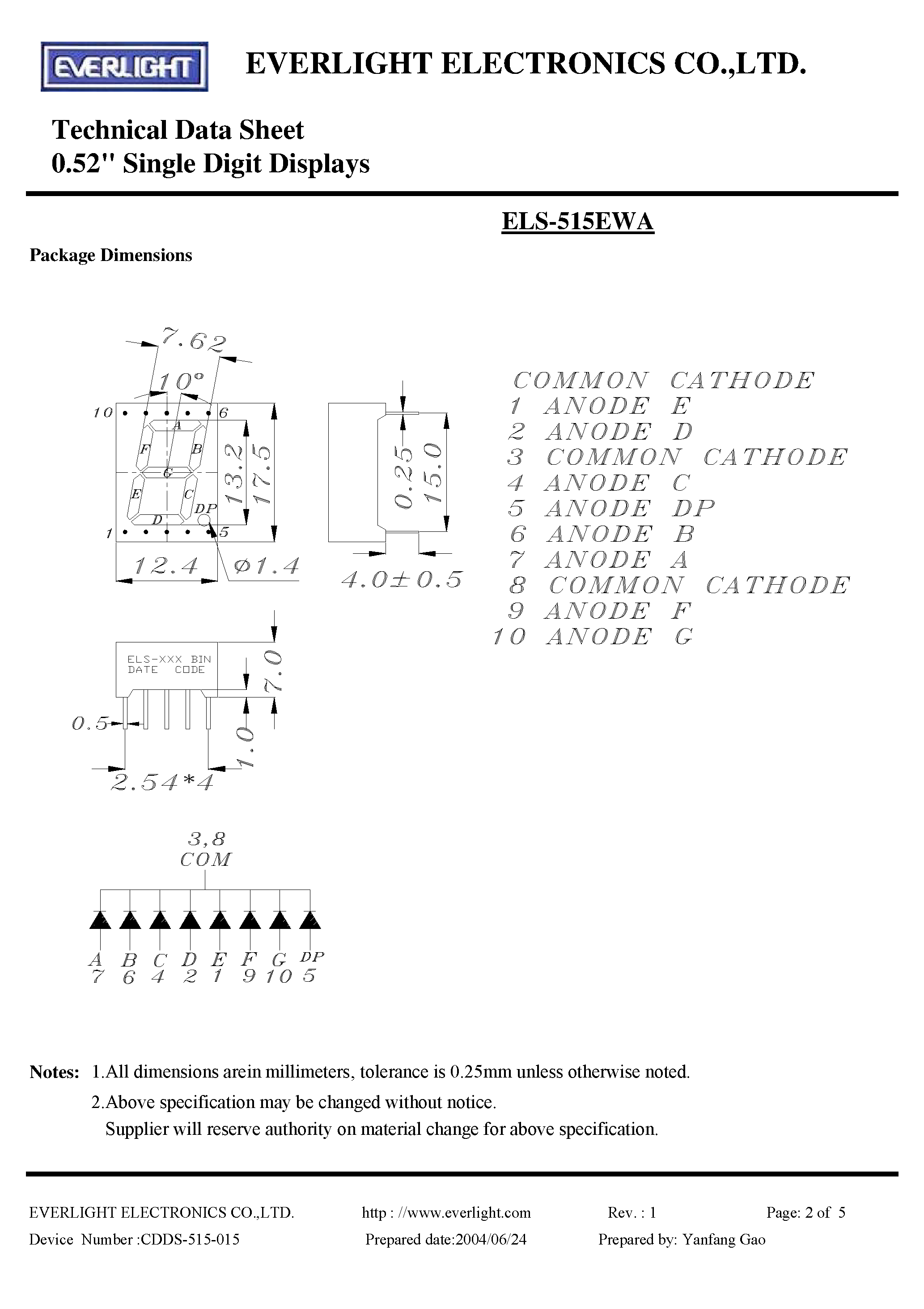 Datasheet ELS-515EWA page 2 Datasheet ELS-515EWA - 0.52 SINGLE DIGIT DISPLAYS page 2