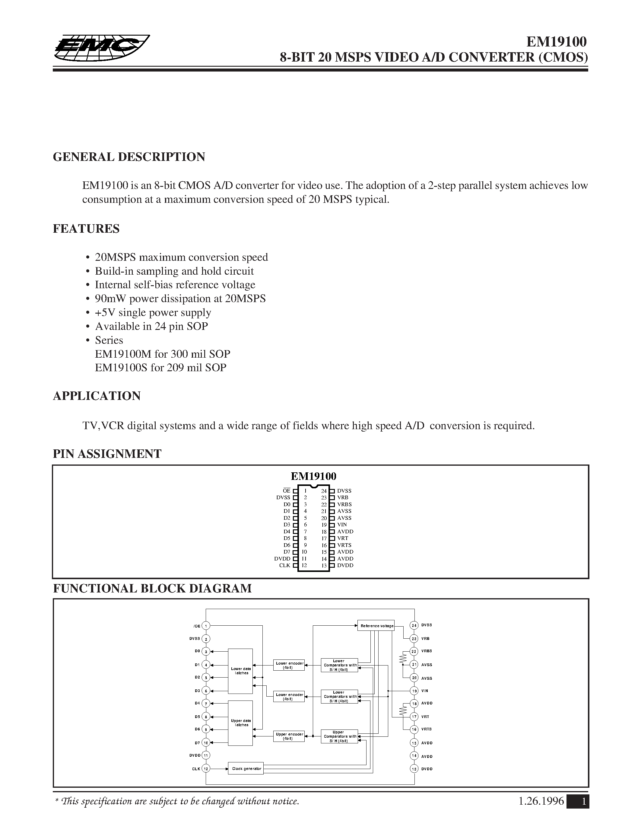 Даташит EM19100 - 8-BIT 20 MSPS VIDEO A/D CONVERTER (CMOS) страница 1