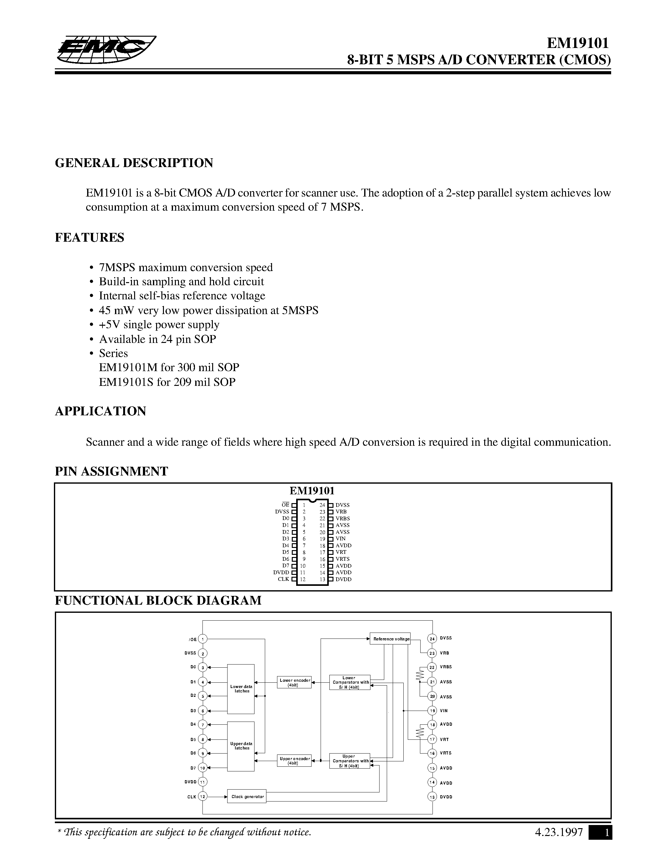 Даташит EM19101S - 8-BIT 5 MSPS A/D CONVERTER (CMOS) страница 1