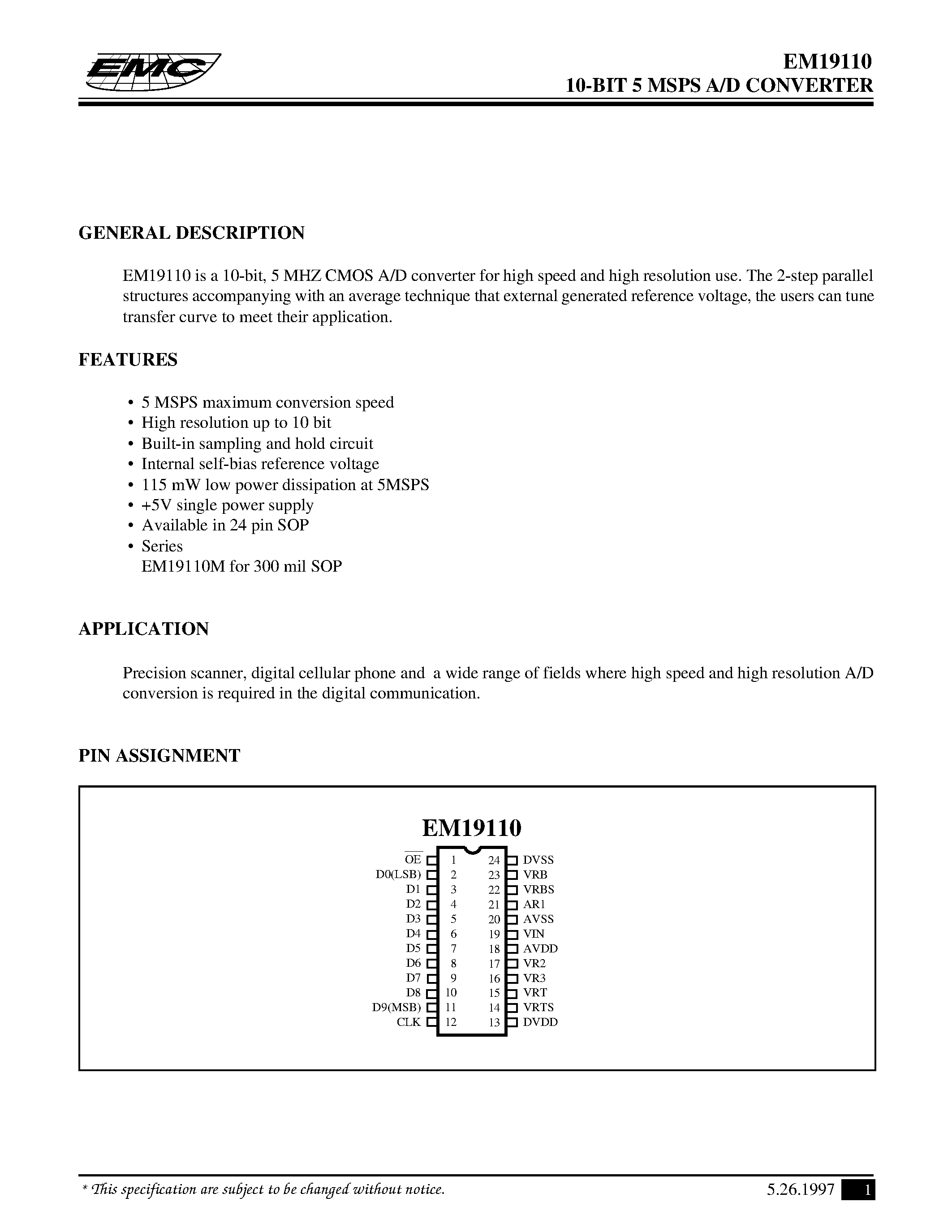 Даташит EM19110M - 10-BIT 5 MSPS A/D CONVERTER страница 1