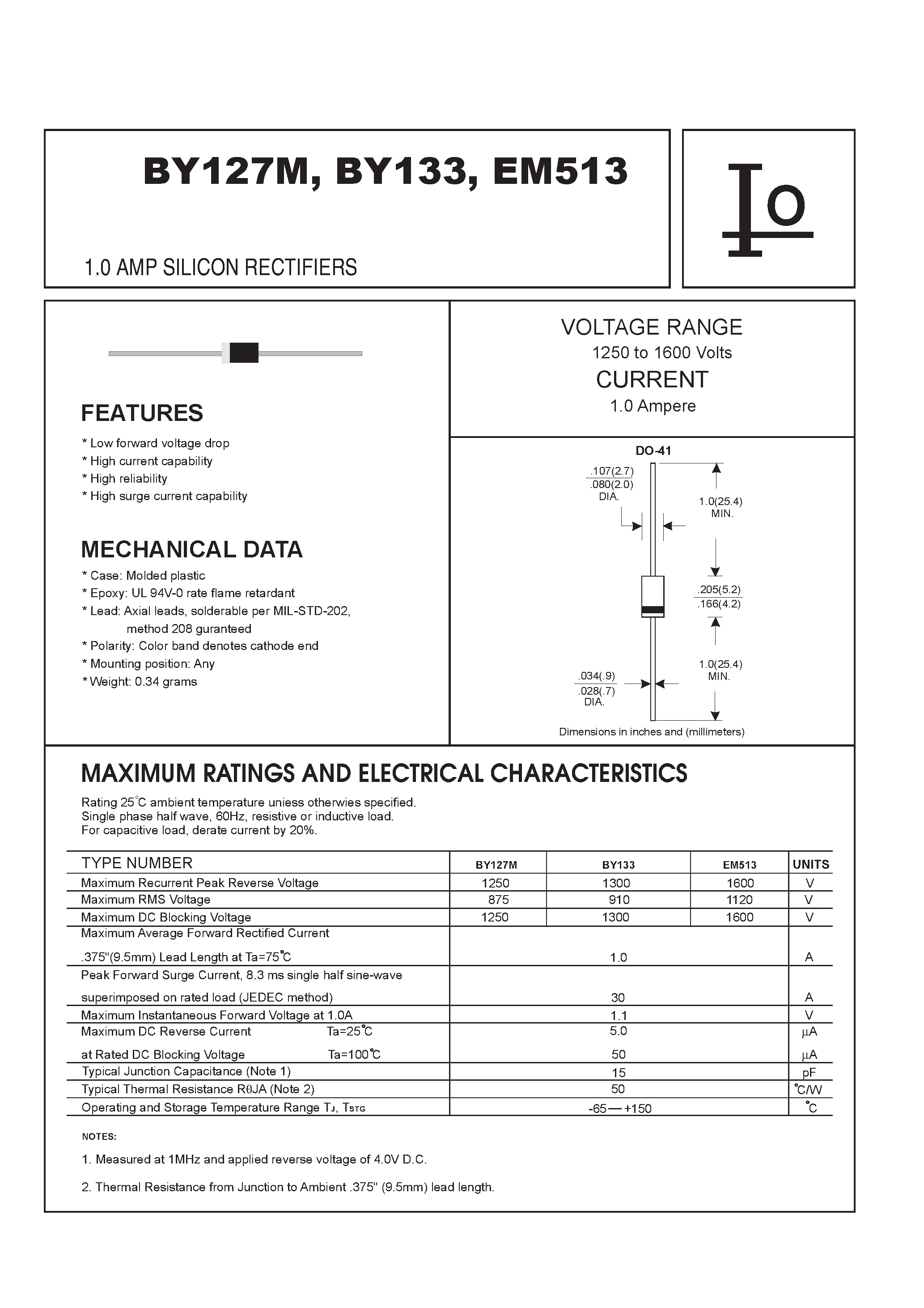Datasheet EM513 page 1 Datasheet EM513 - 1.0 AMP SILICON RECTIFIERS page 1