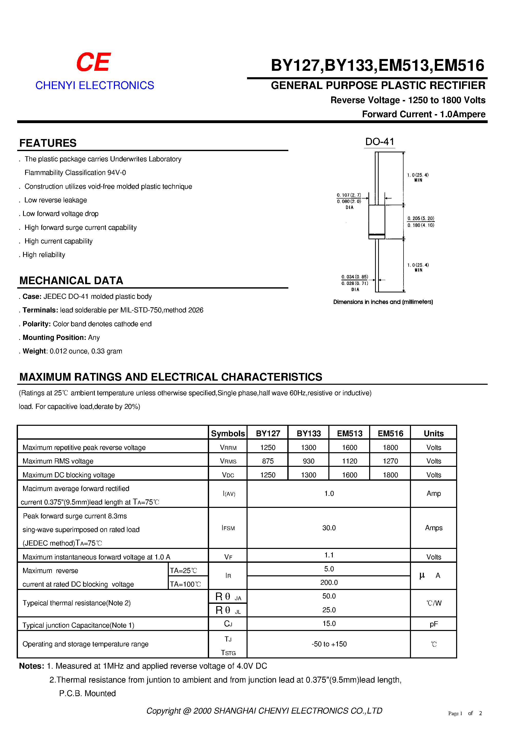 Даташит EM513 - GENERAL PURPOSE PLASTIC RECTIFIER страница 1