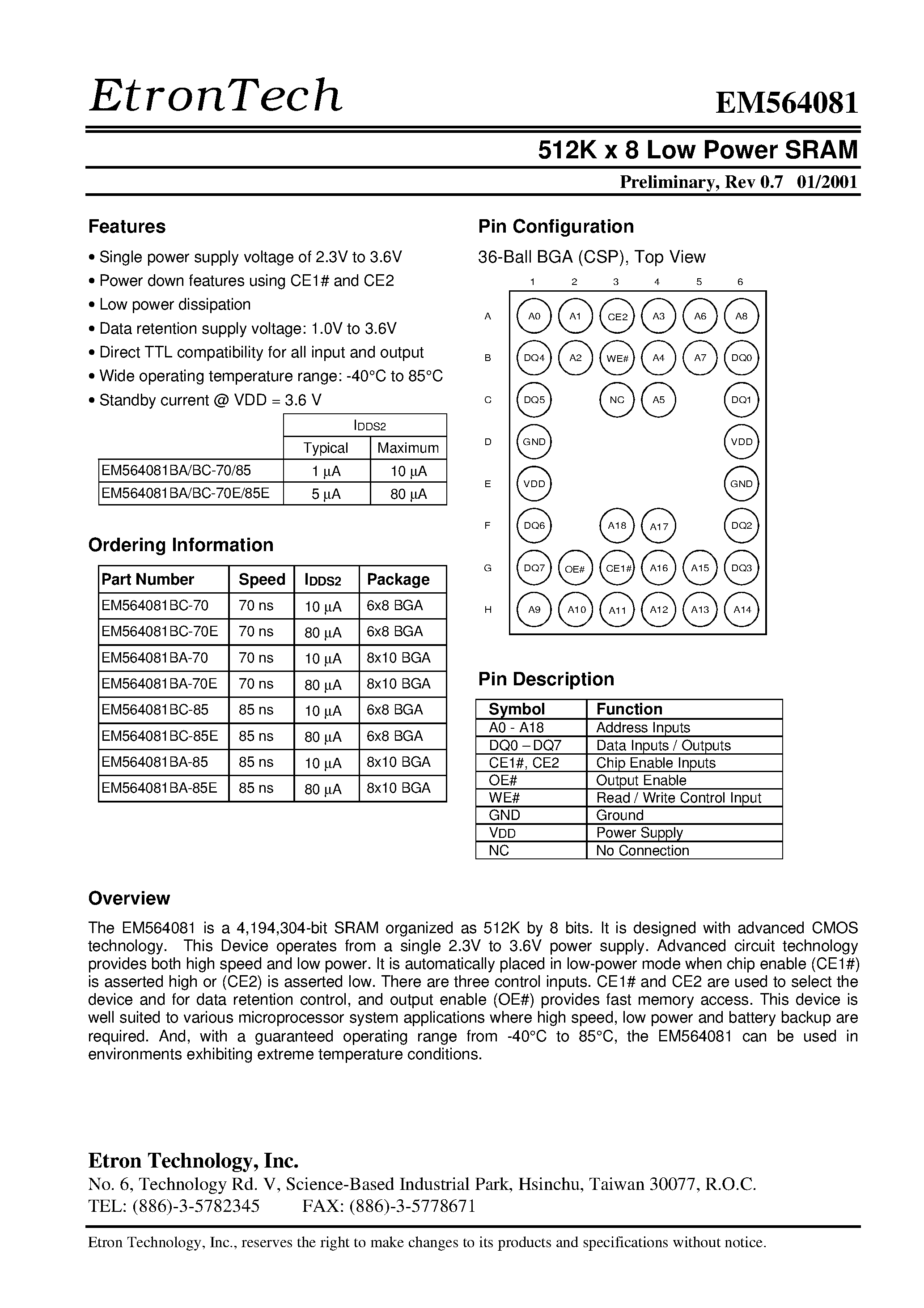 Даташит EM564081BA-70 - 512K x 8 Low Power SRAM страница 1