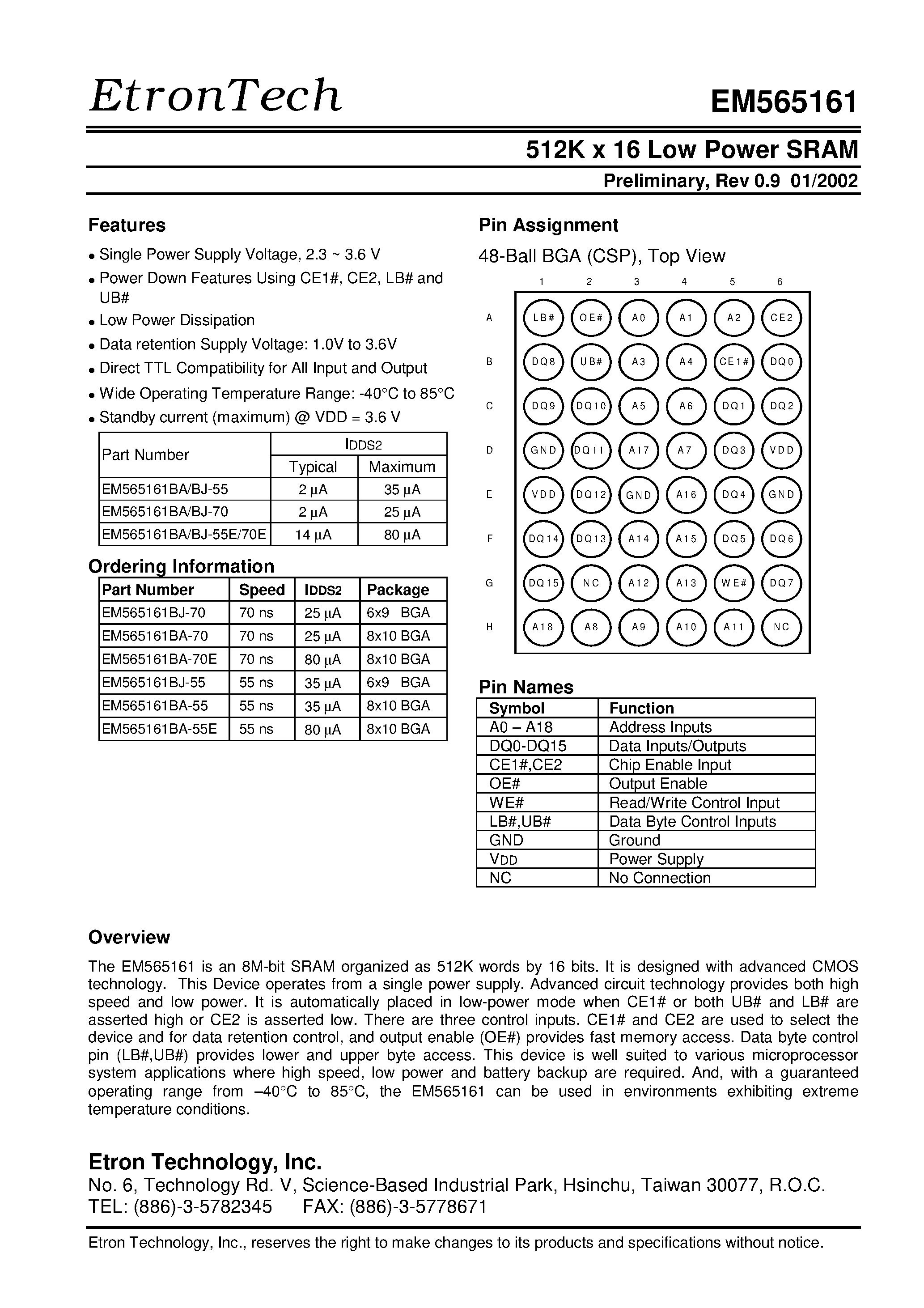 Даташит на микросхему EM565161BA-55 страница 1 Даташит EM565161BA-55 - 512K x 16 Low Power SRAM страница 1