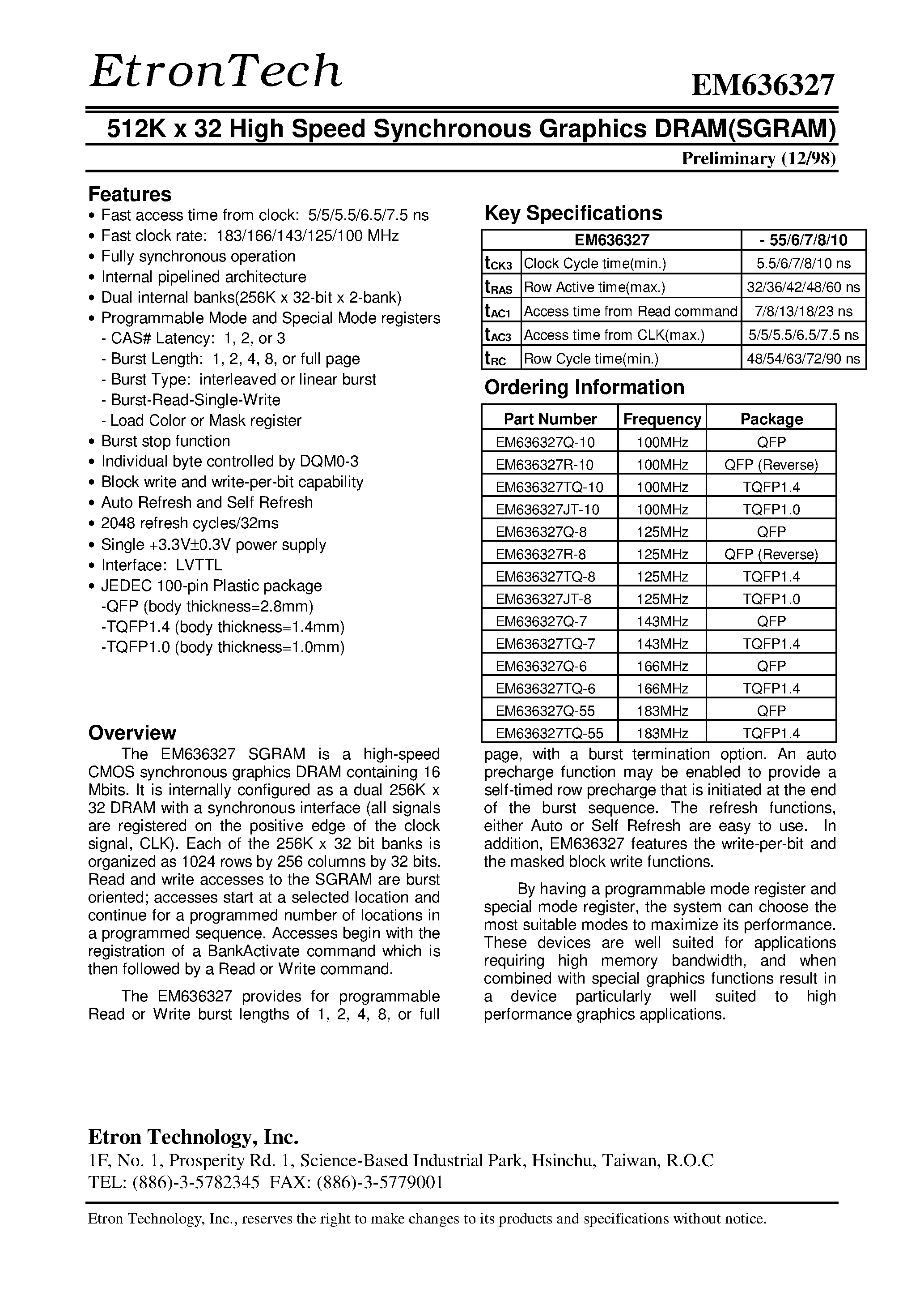 Datasheet EM636327TQ-6 - 512K x 32 High Speed Synchronous Graphics DRAM(SGRAM) page 1