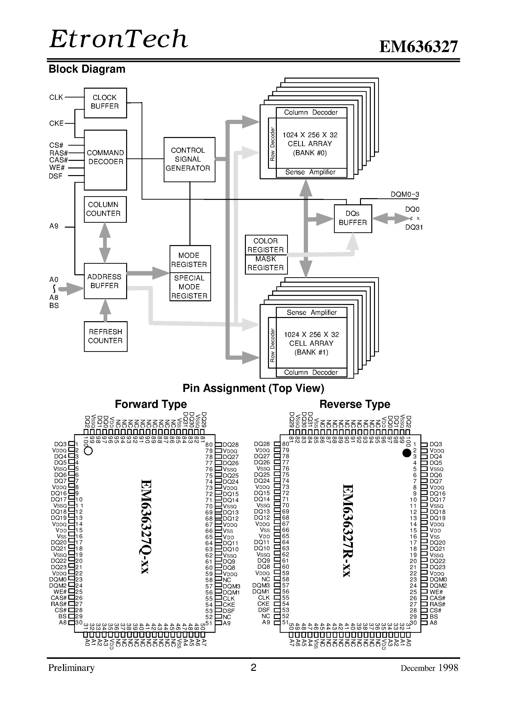 Datasheet EM636327TQ-7 - 512K x 32 High Speed Synchronous Graphics DRAM(SGRAM) page 2
