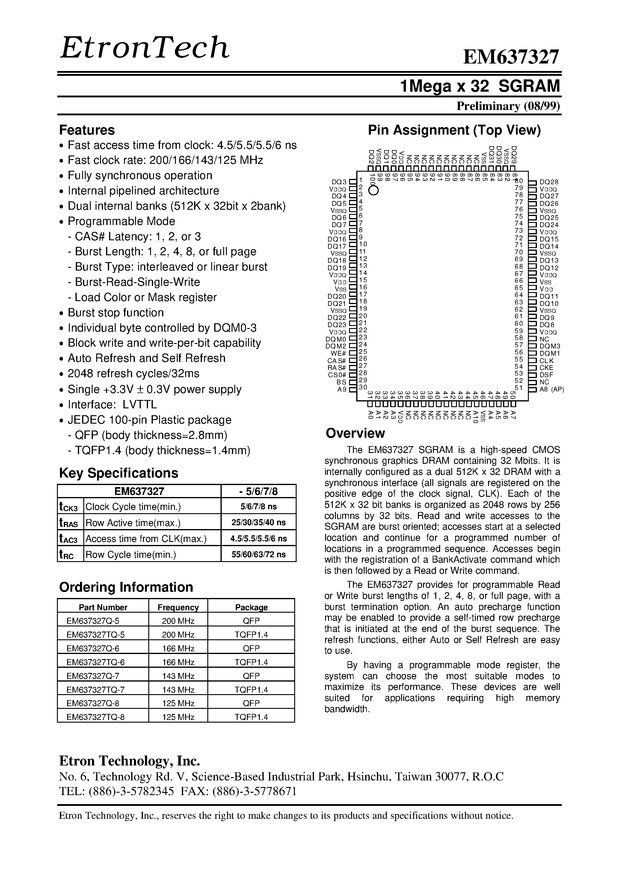 Datasheet EM637327Q-5 - 1Mega x 32 SGRAM page 1