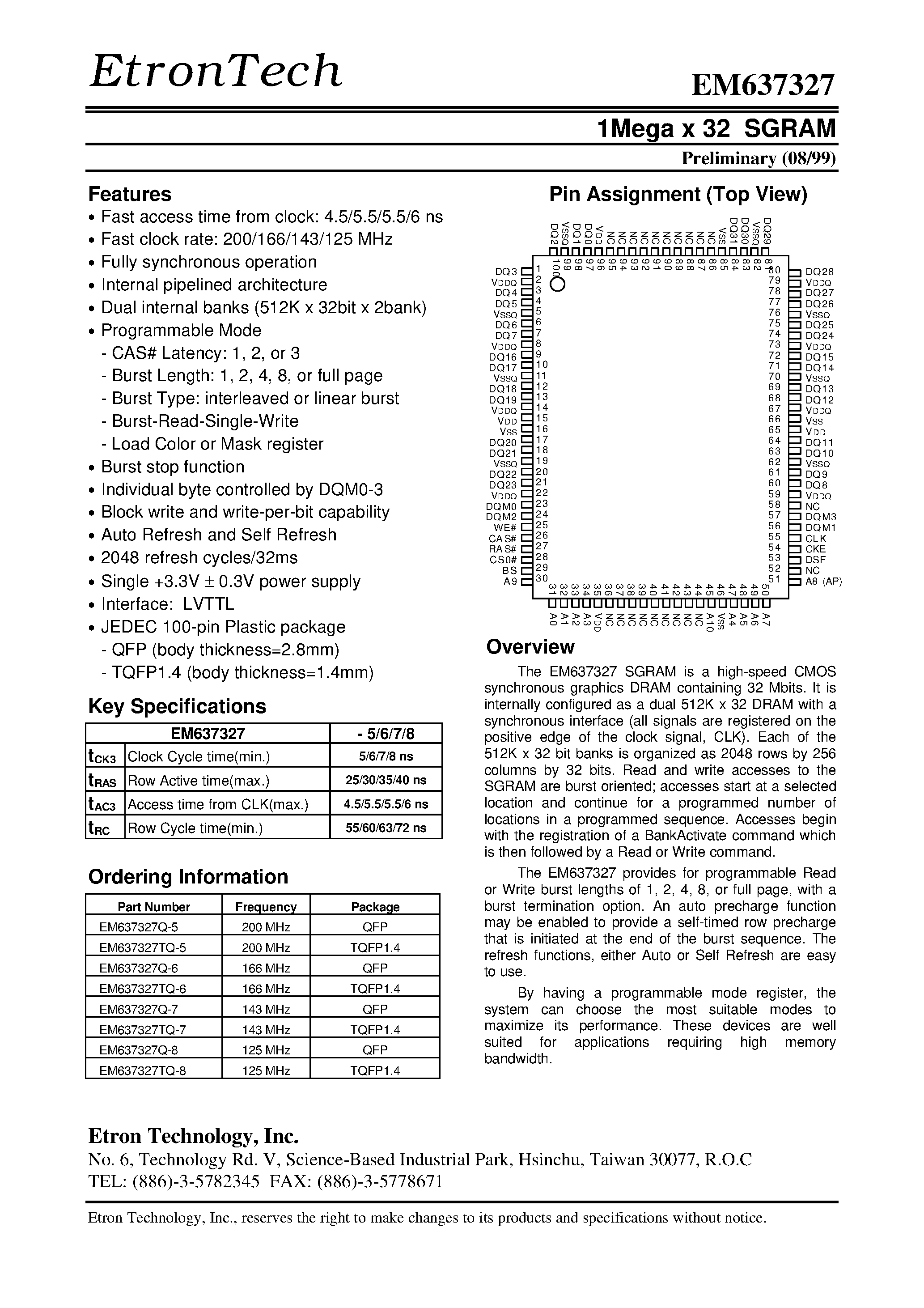 Datasheet EM637327TQ-6 - 1Mega x 32 SGRAM page 1