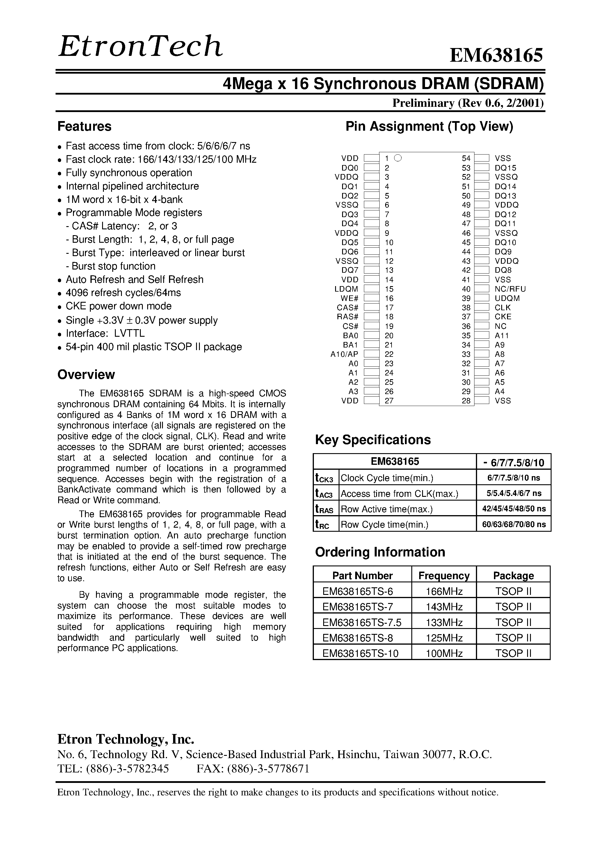 Datasheet EM638165TS-7 - 4Mega x 16 Synchronous DRAM (SDRAM) page 1