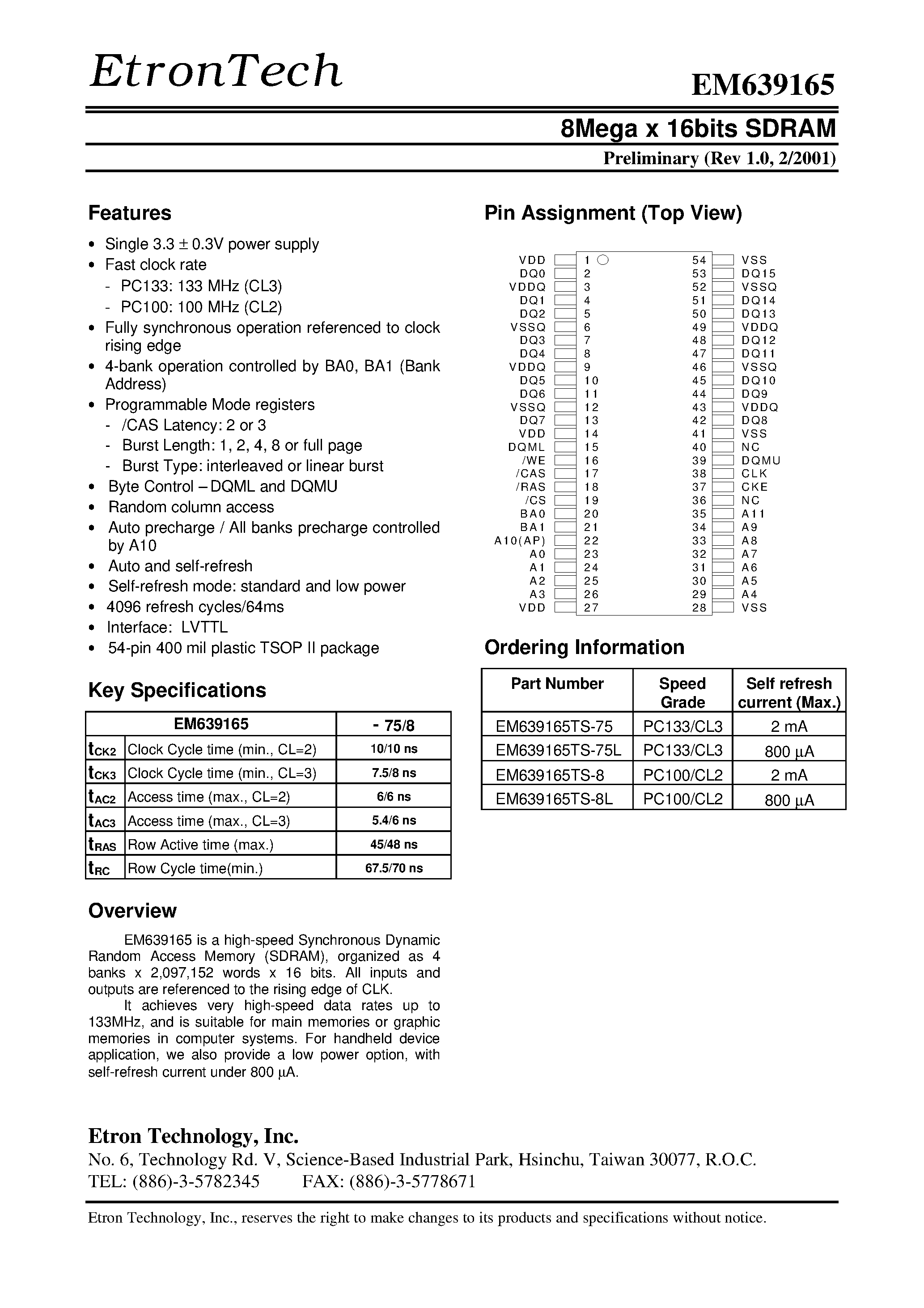 Datasheet EM639165TS-8 - 8Mega x 16bits SDRAM page 1