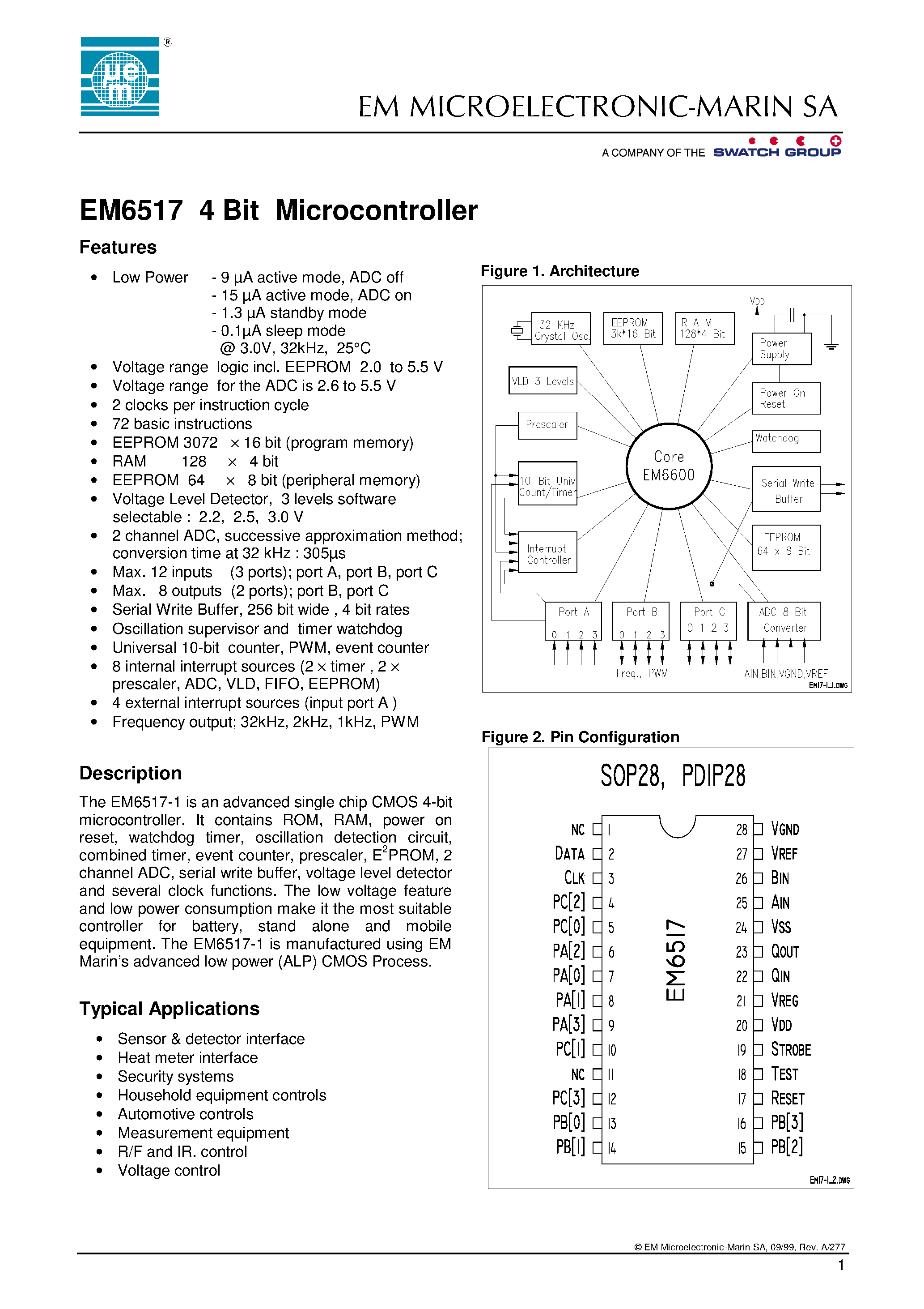 Даташит EM6517 - 4 BIT MICROCONTROLLER страница 1
