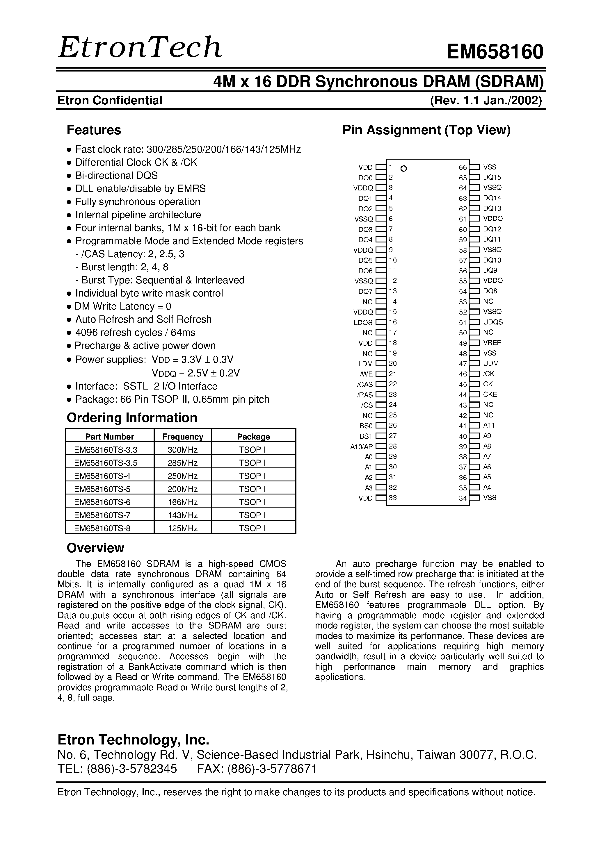 Datasheet EM658160TS-6 - 4M x 16 DDR Synchronous DRAM (SDRAM) page 1