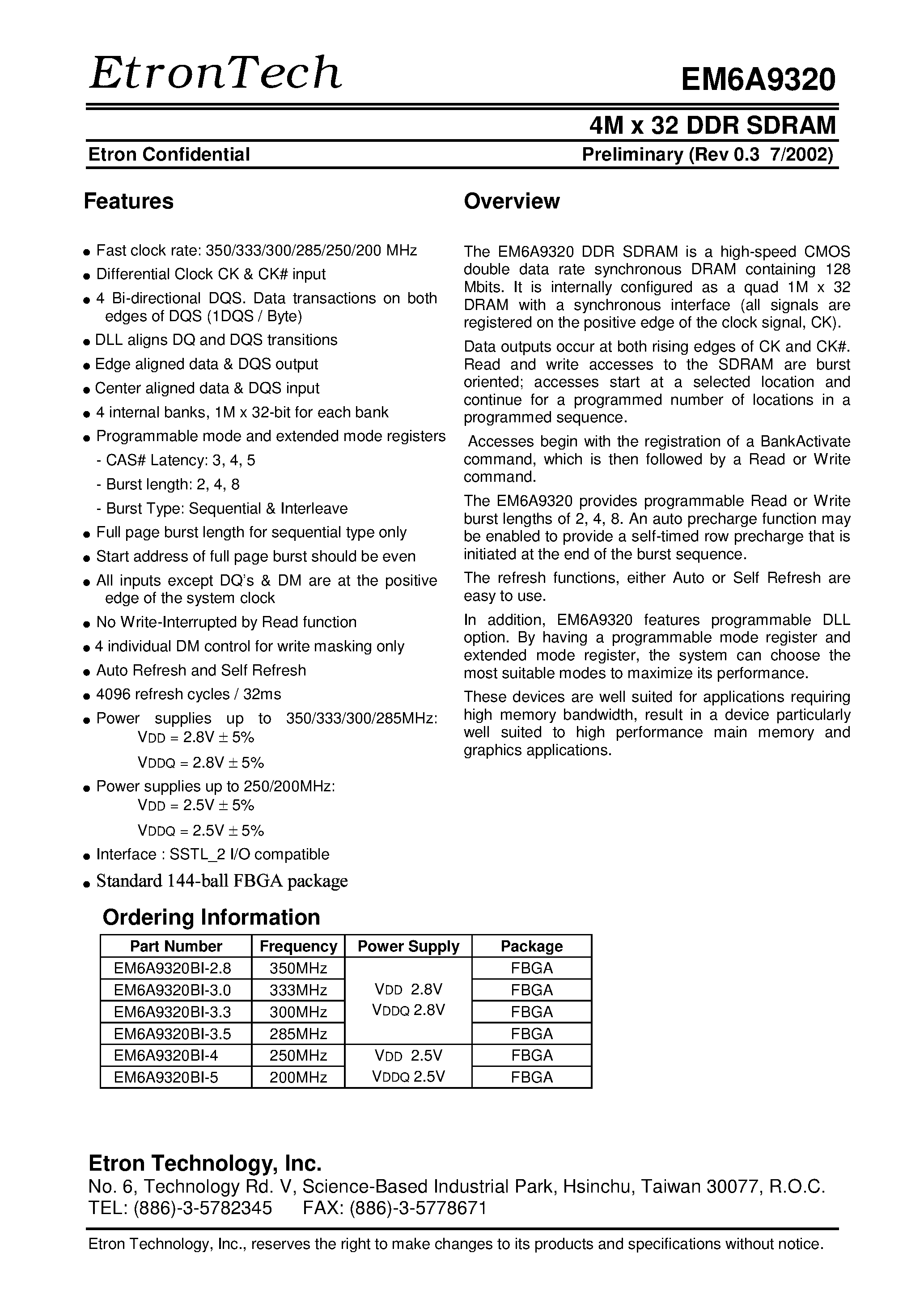 Datasheet EM6A9320BI-5 - 4M x 32 DDR SDRAM page 1